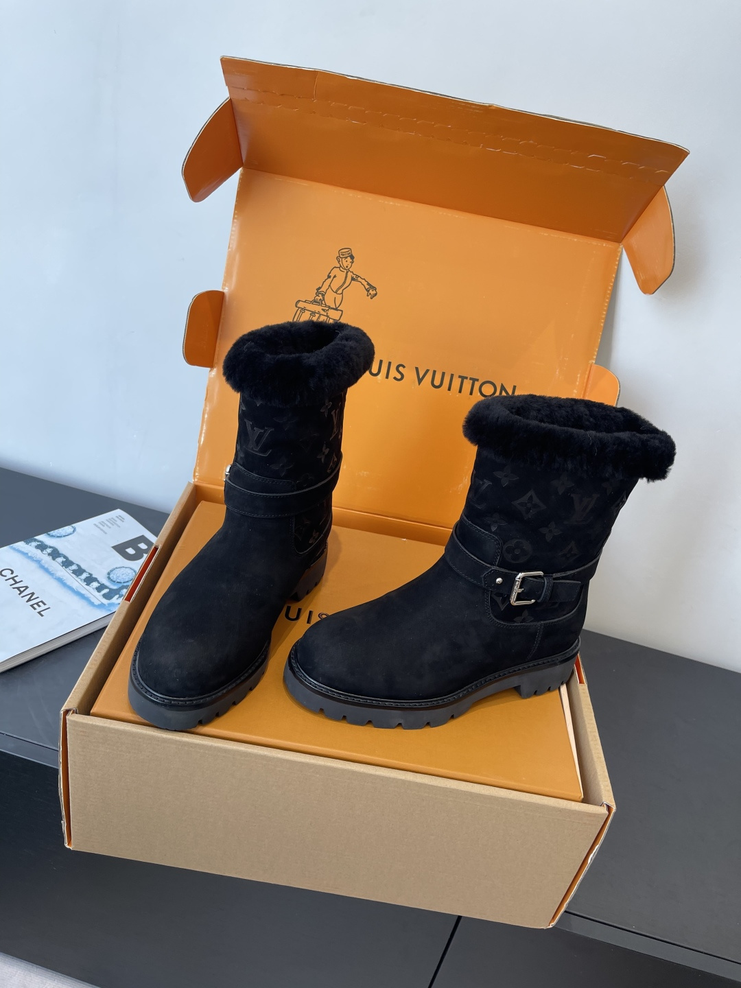 Louis Vuitton Women's Black Suede & Shearling Monogram Boots