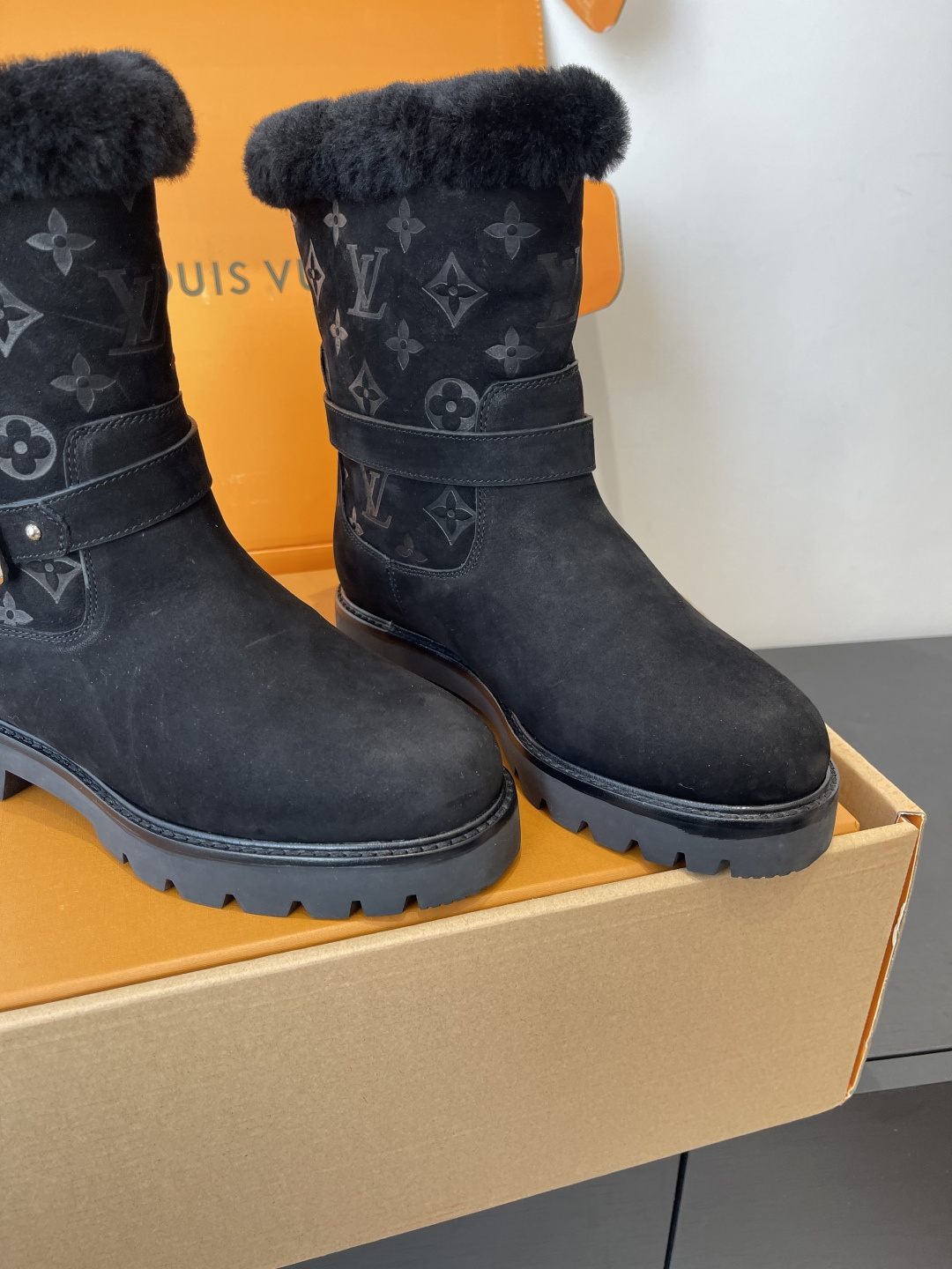 Louis Vuitton Women's Black Suede & Shearling Monogram Boots
