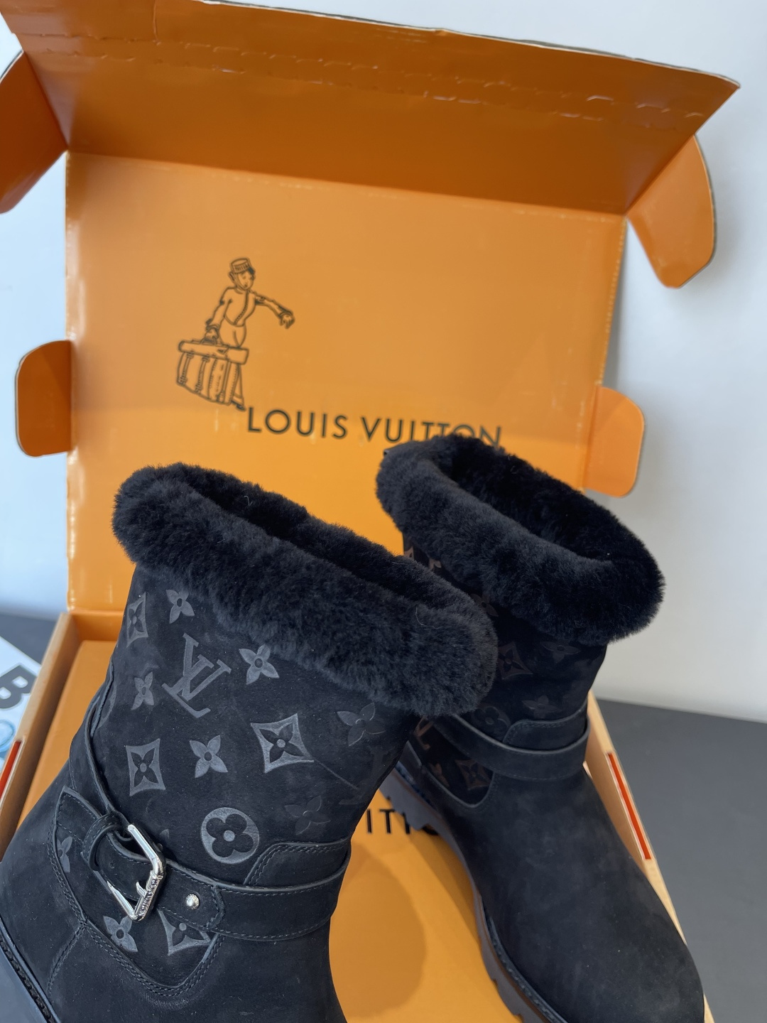 Louis Vuitton Women's Black Suede & Shearling Monogram Boots