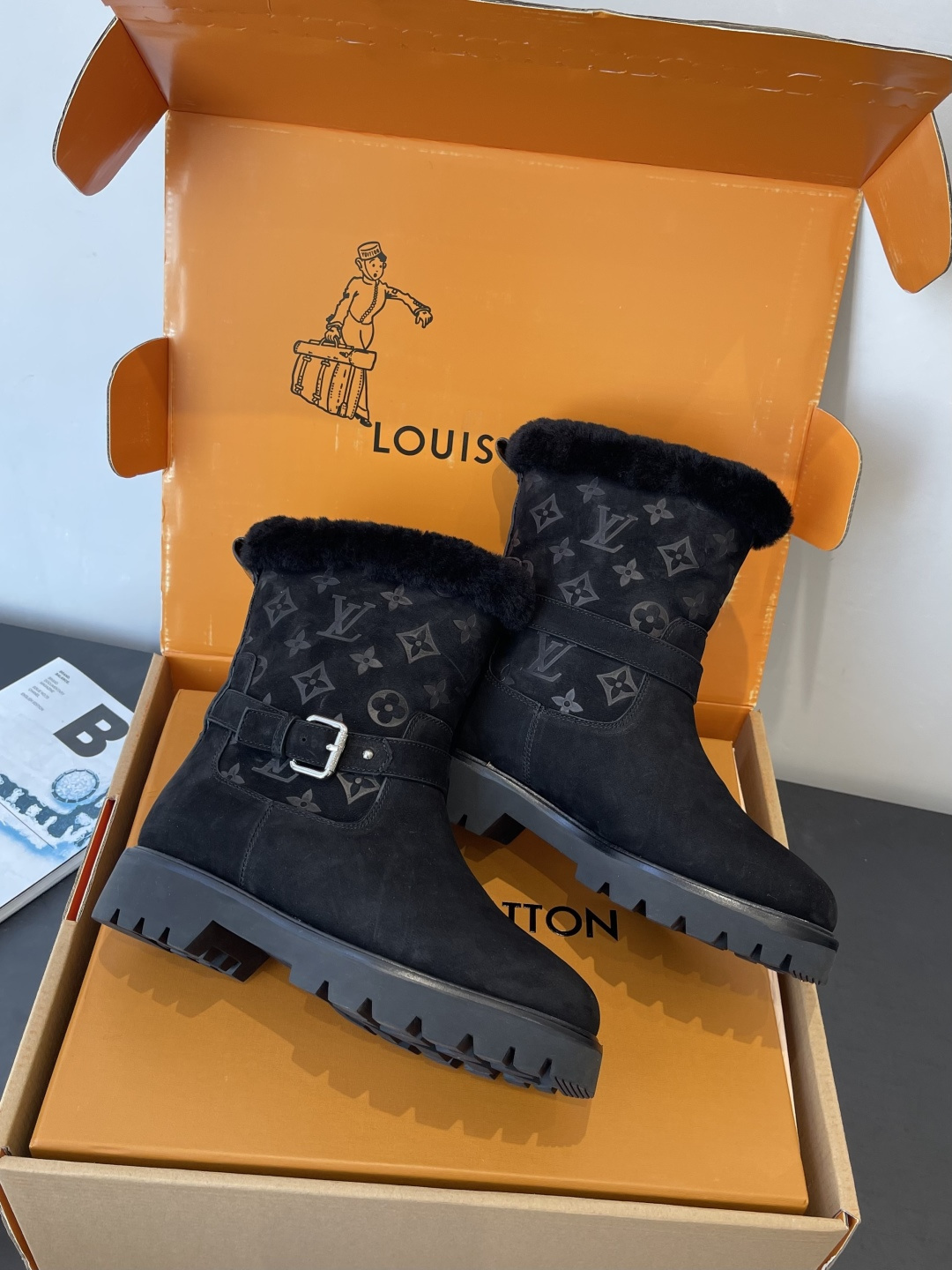 Louis Vuitton Women's Black Suede & Shearling Monogram Boots