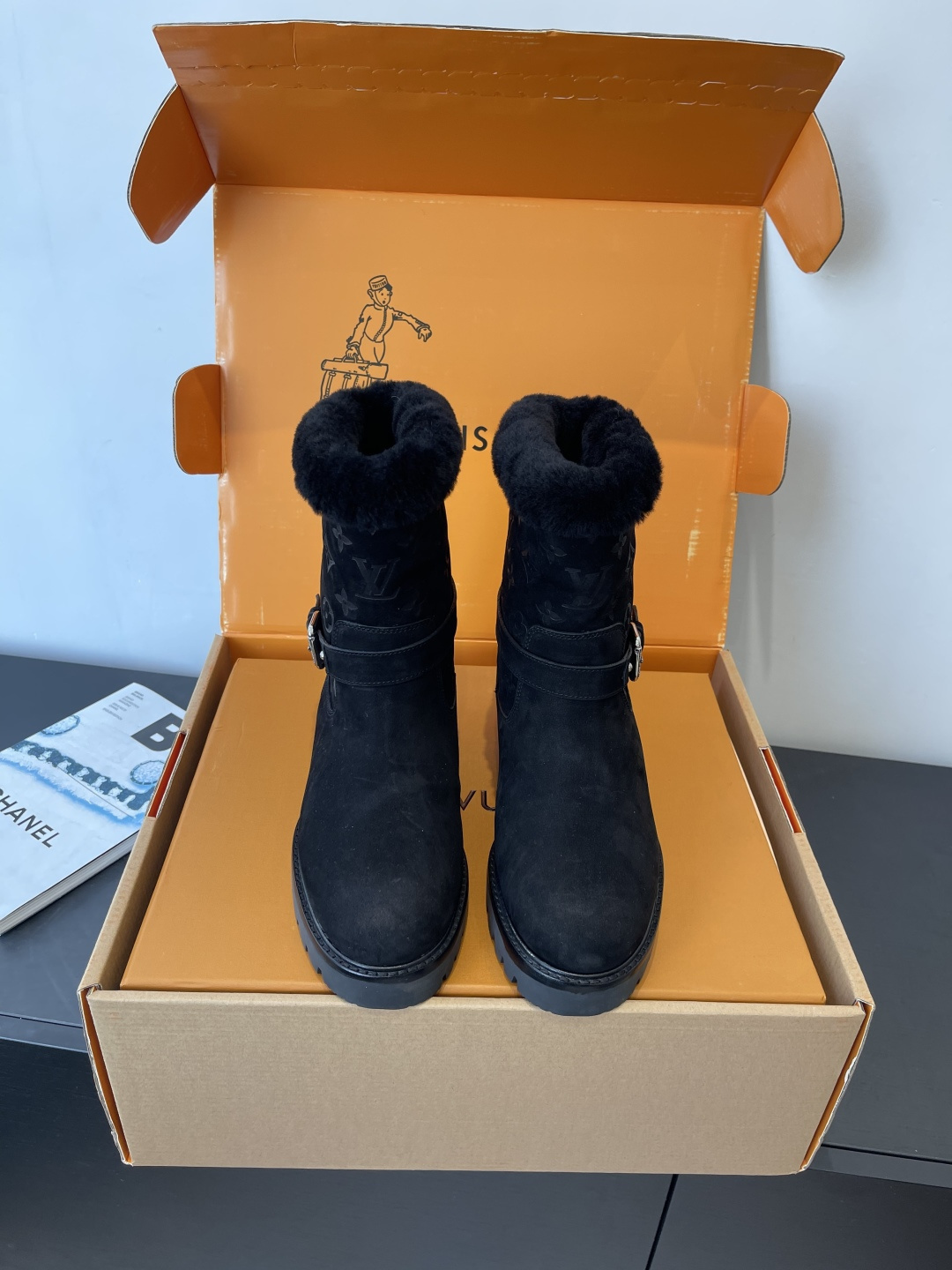 Louis Vuitton Women’s Black Suede & Shearling Monogram Boots