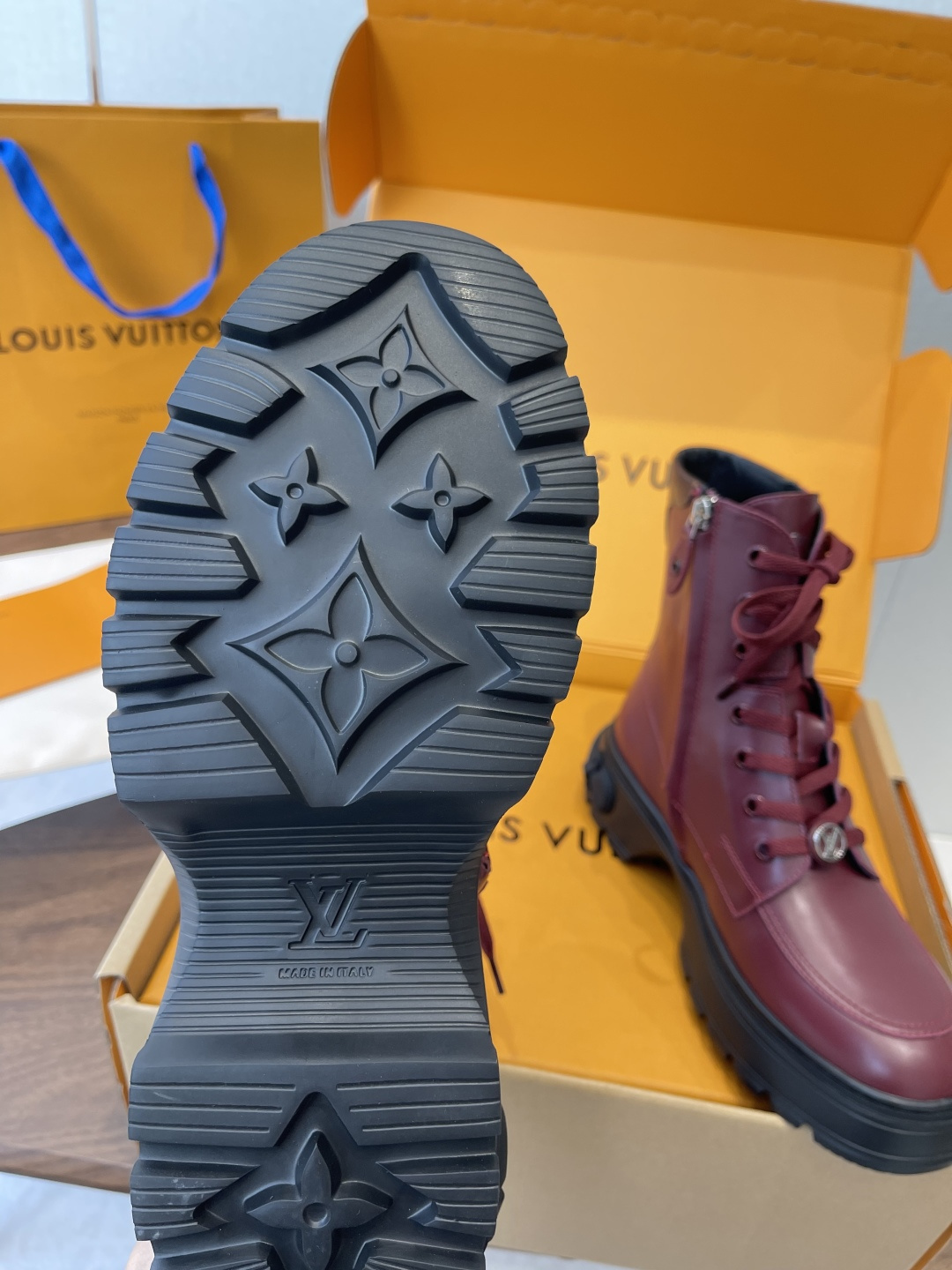 Louis Vuitton Women's Burgundy Leather Ankle Boots with LV Logo