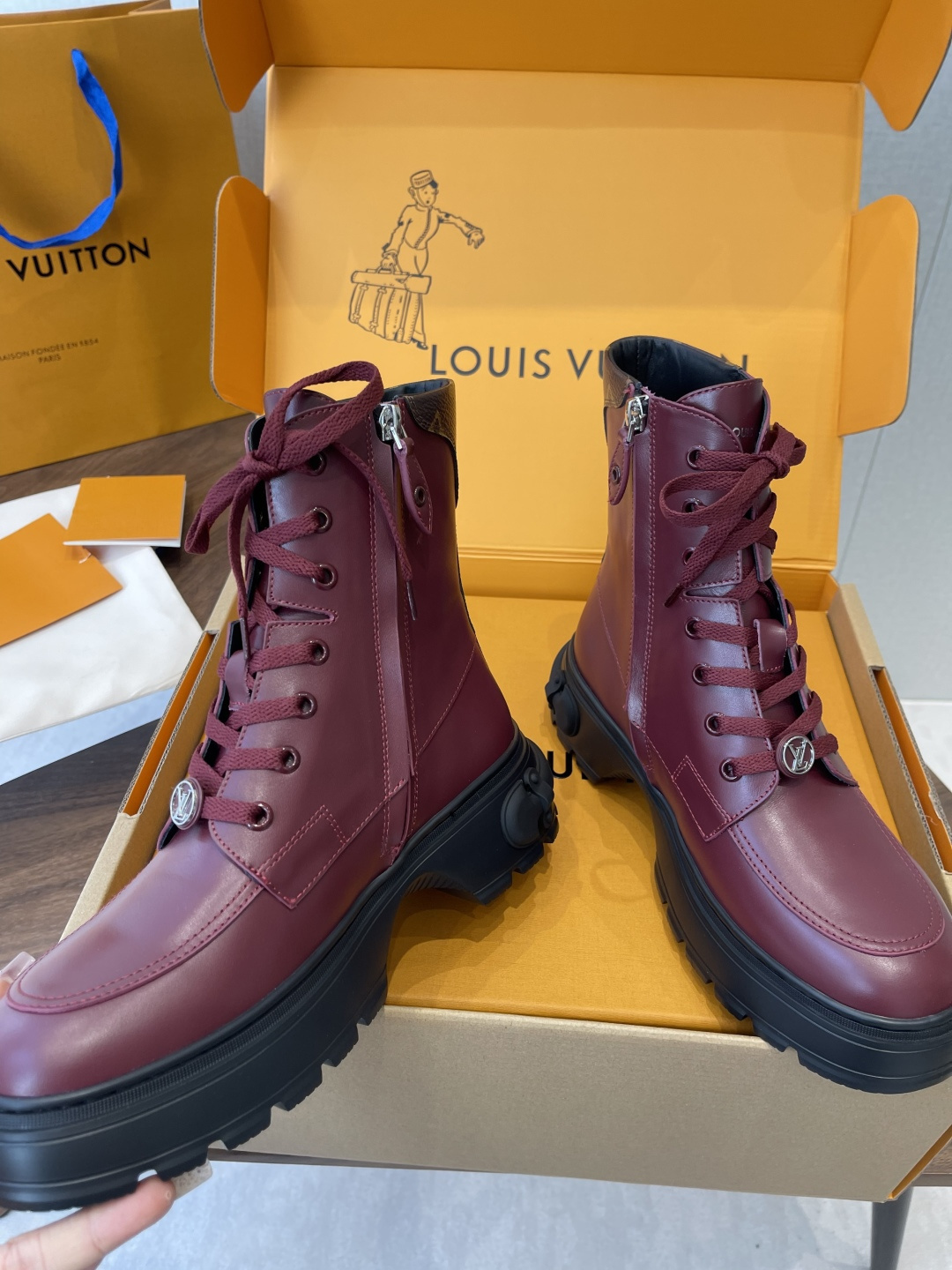 Louis Vuitton Women's Burgundy Leather Ankle Boots with LV Logo