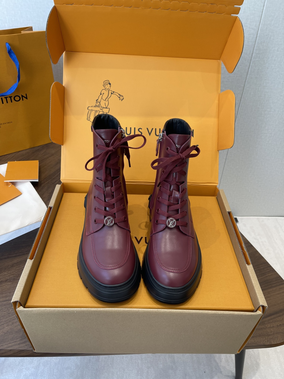 Louis Vuitton Women’s Burgundy Leather Ankle Boots with LV Logo