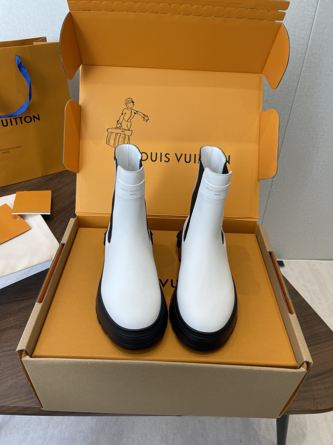Louis Vuitton White Leather Chelsea Boots with Chunky Platform Sole