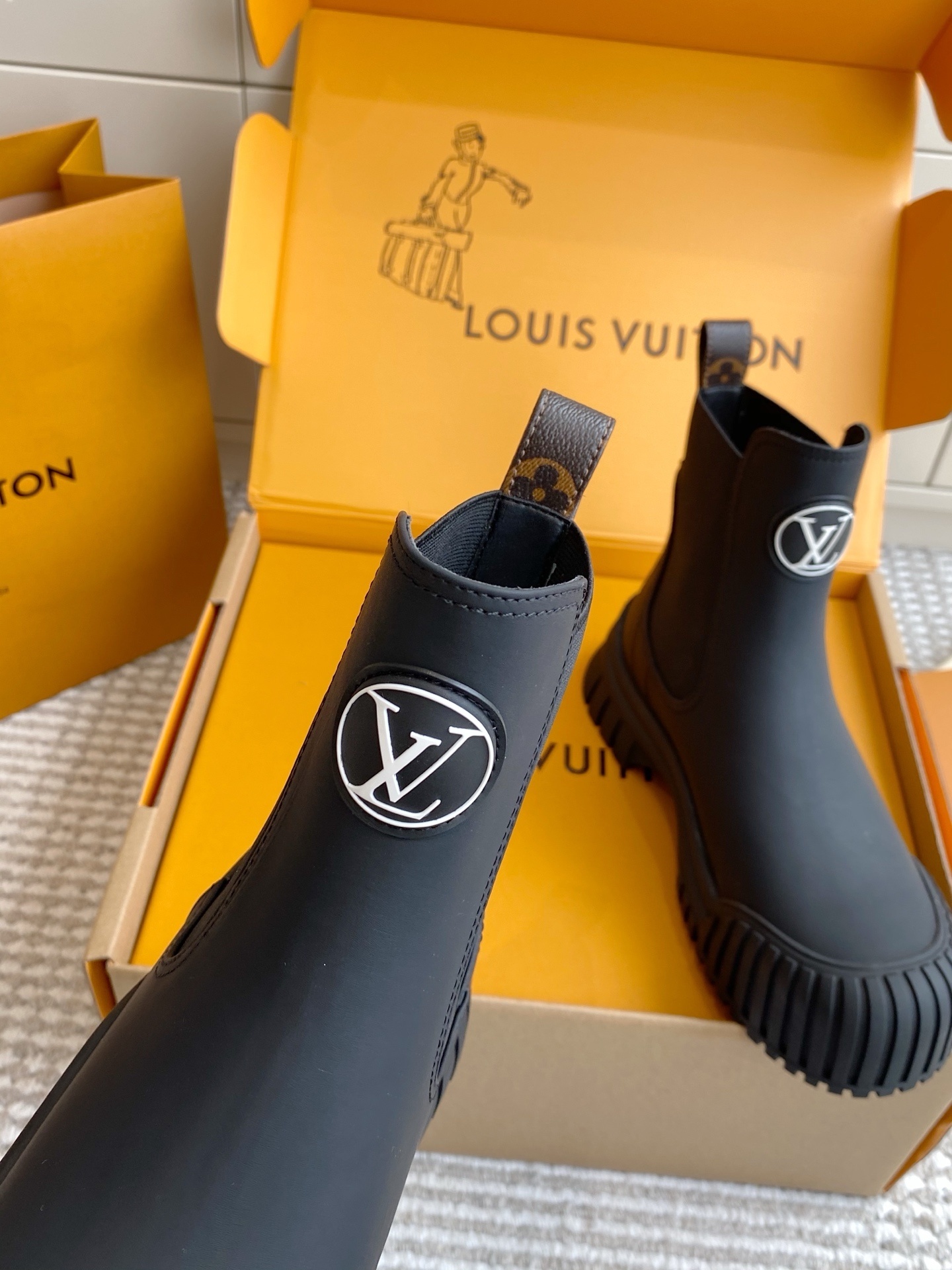 Louis Vuitton Black Rubber Chelsea Rain Boots with Monogram