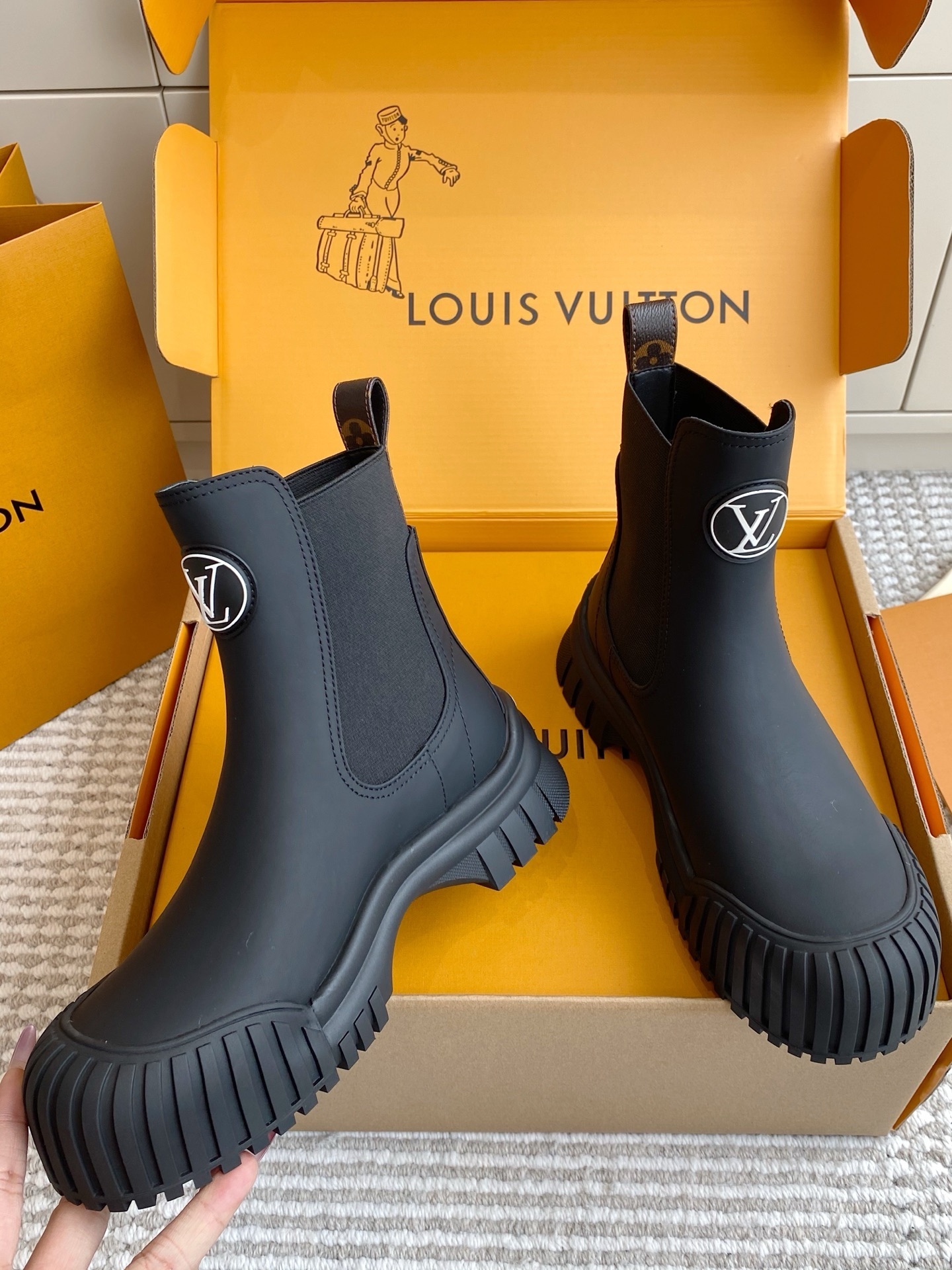 Louis Vuitton Black Rubber Chelsea Rain Boots with Monogram