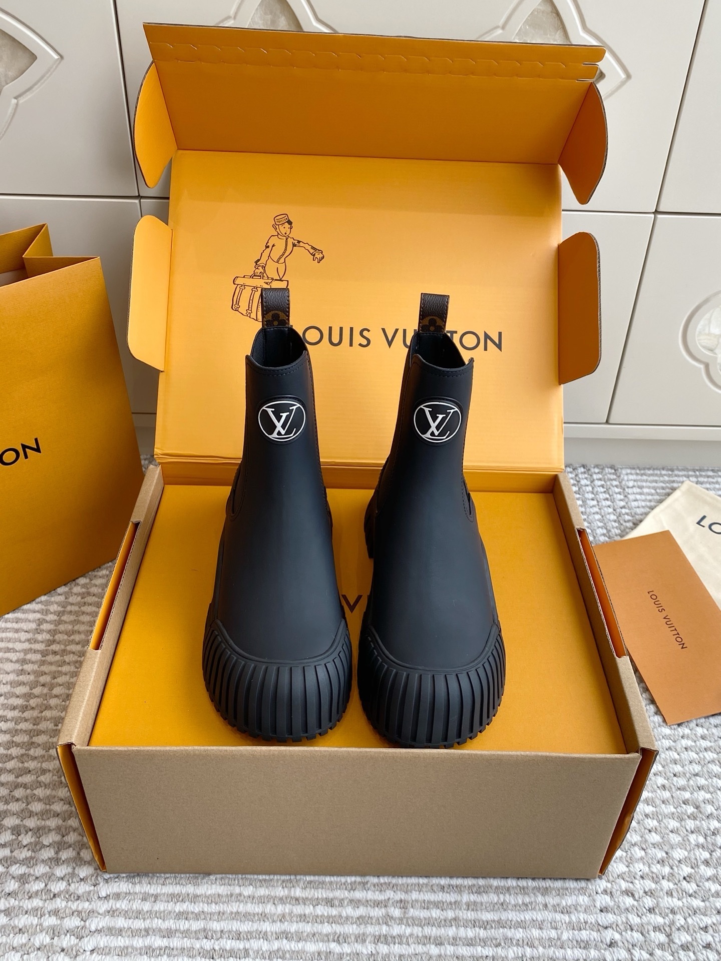 Louis Vuitton Black Rubber Chelsea Rain Boots with Monogram