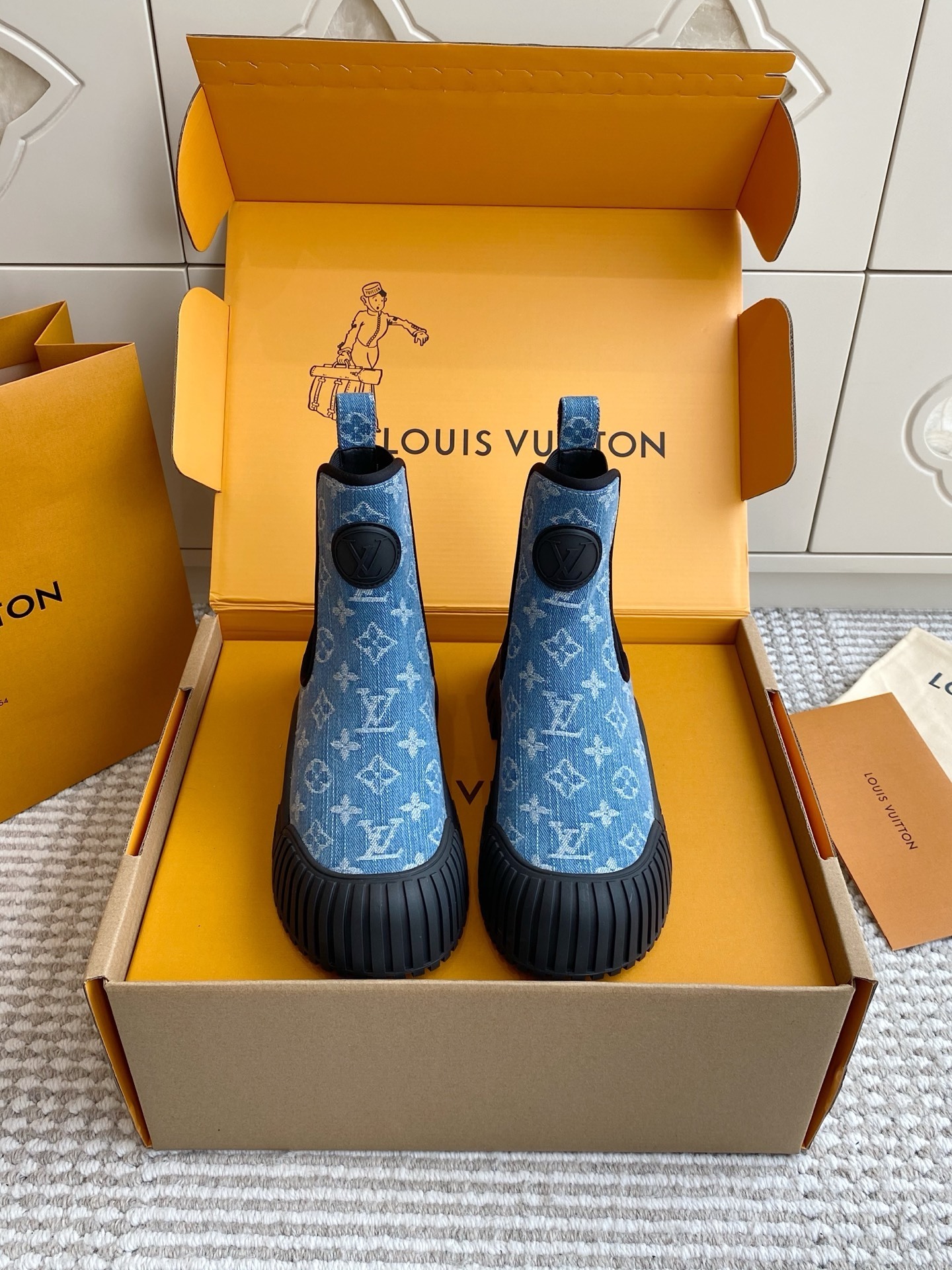 Louis Vuitton Monogram Denim Ankle Rain Boots – Luxury Designer Shoes