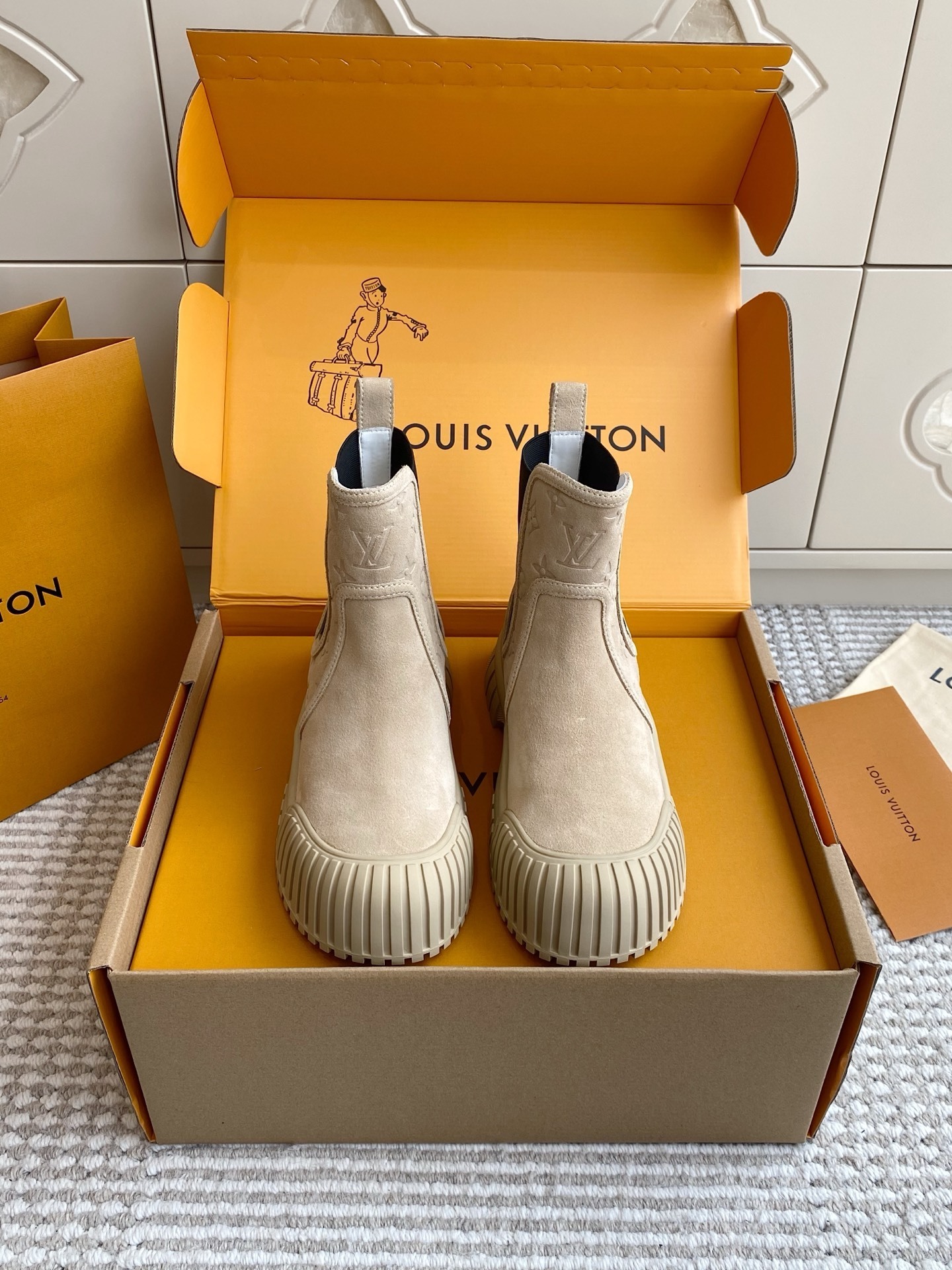 Louis Vuitton Women’s Beige Suede Platform Chelsea Ankle Boots