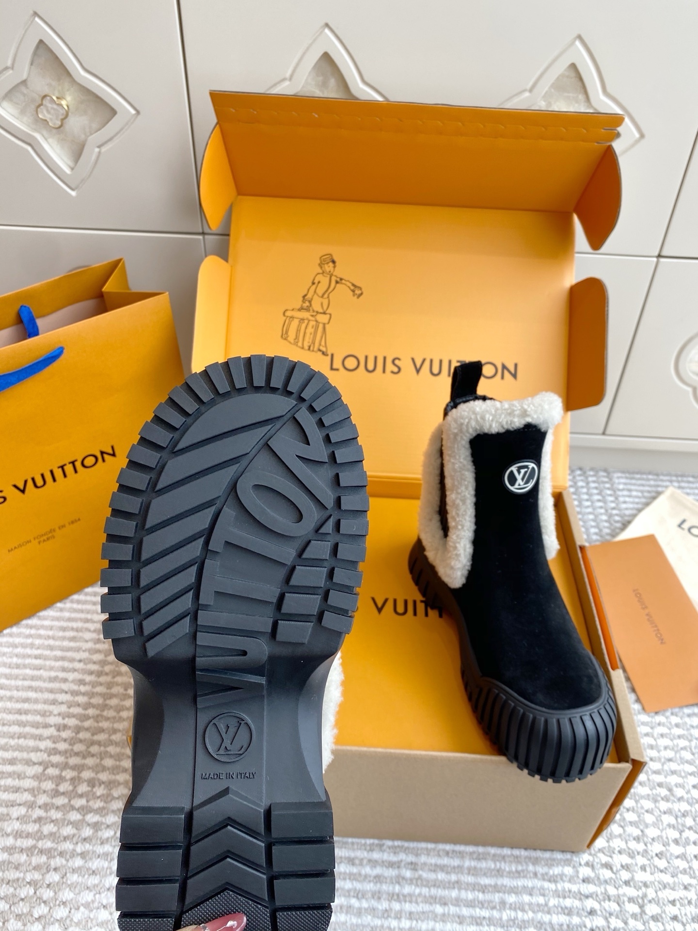 Louis Vuitton Women's Shearling-Trimmed Suede Ankle Boots