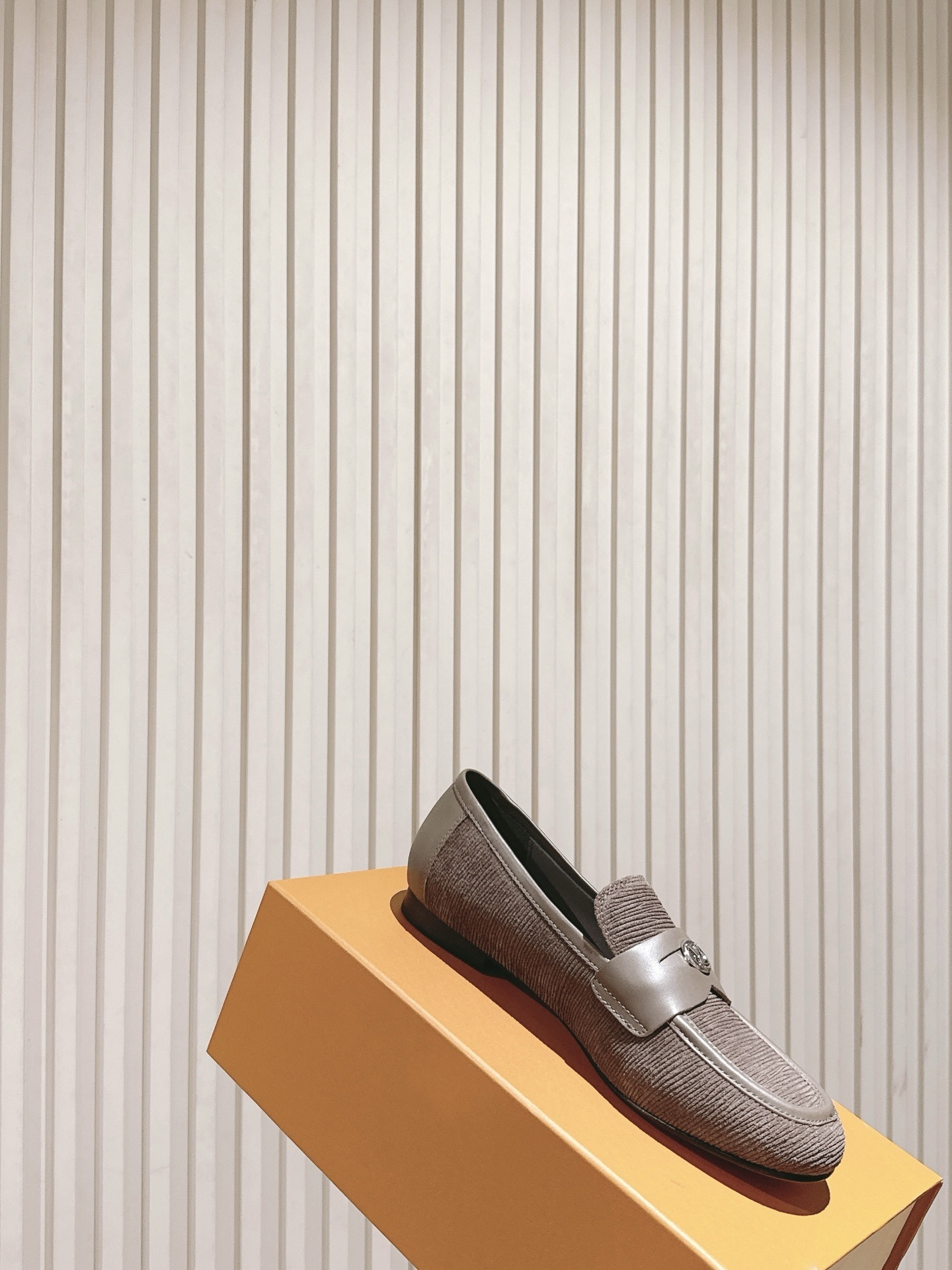 Louis Vuitton Men's Grey Corduroy Loafers with LV Silver Logo