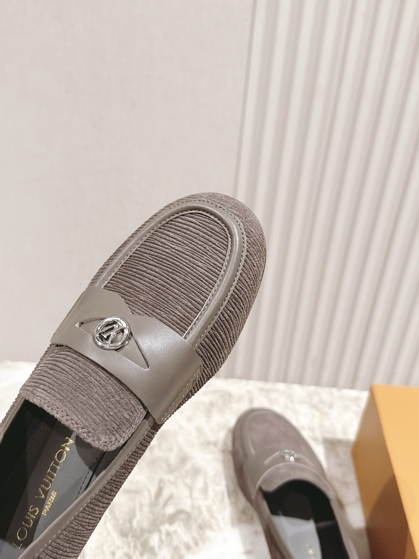 Louis Vuitton Men's Grey Corduroy Loafers with LV Silver Logo