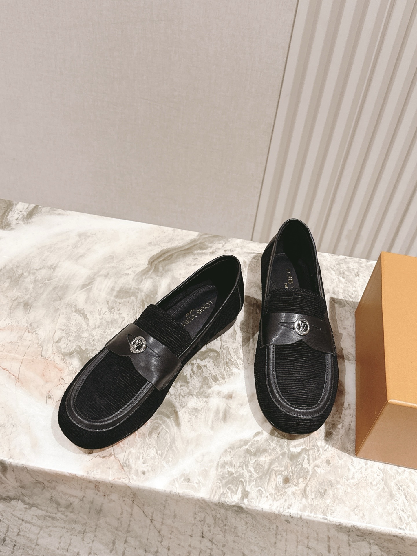 Louis Vuitton Men's Black Textured Leather Loafers with LV Logo