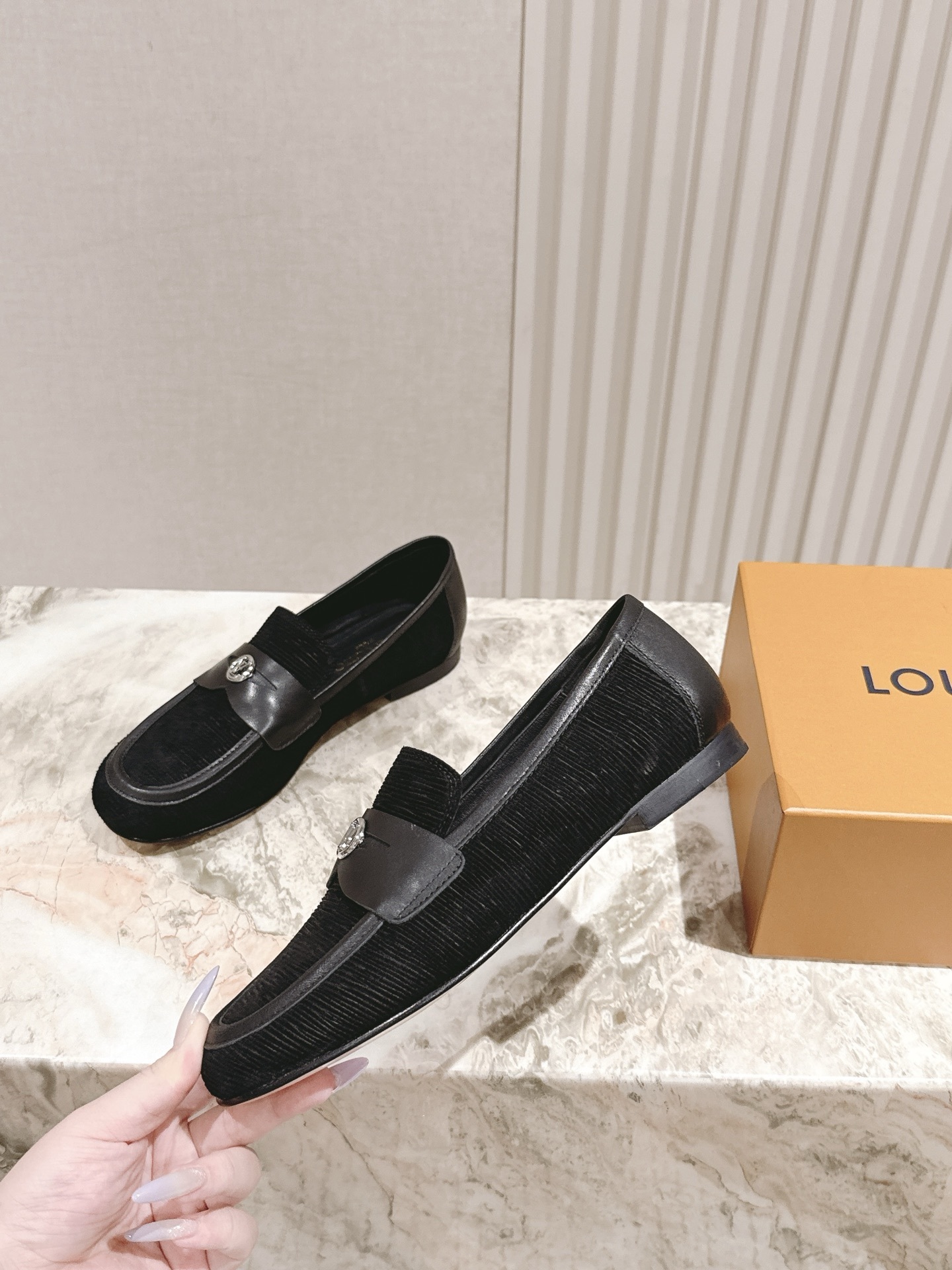 Louis Vuitton Men's Black Textured Leather Loafers with LV Logo