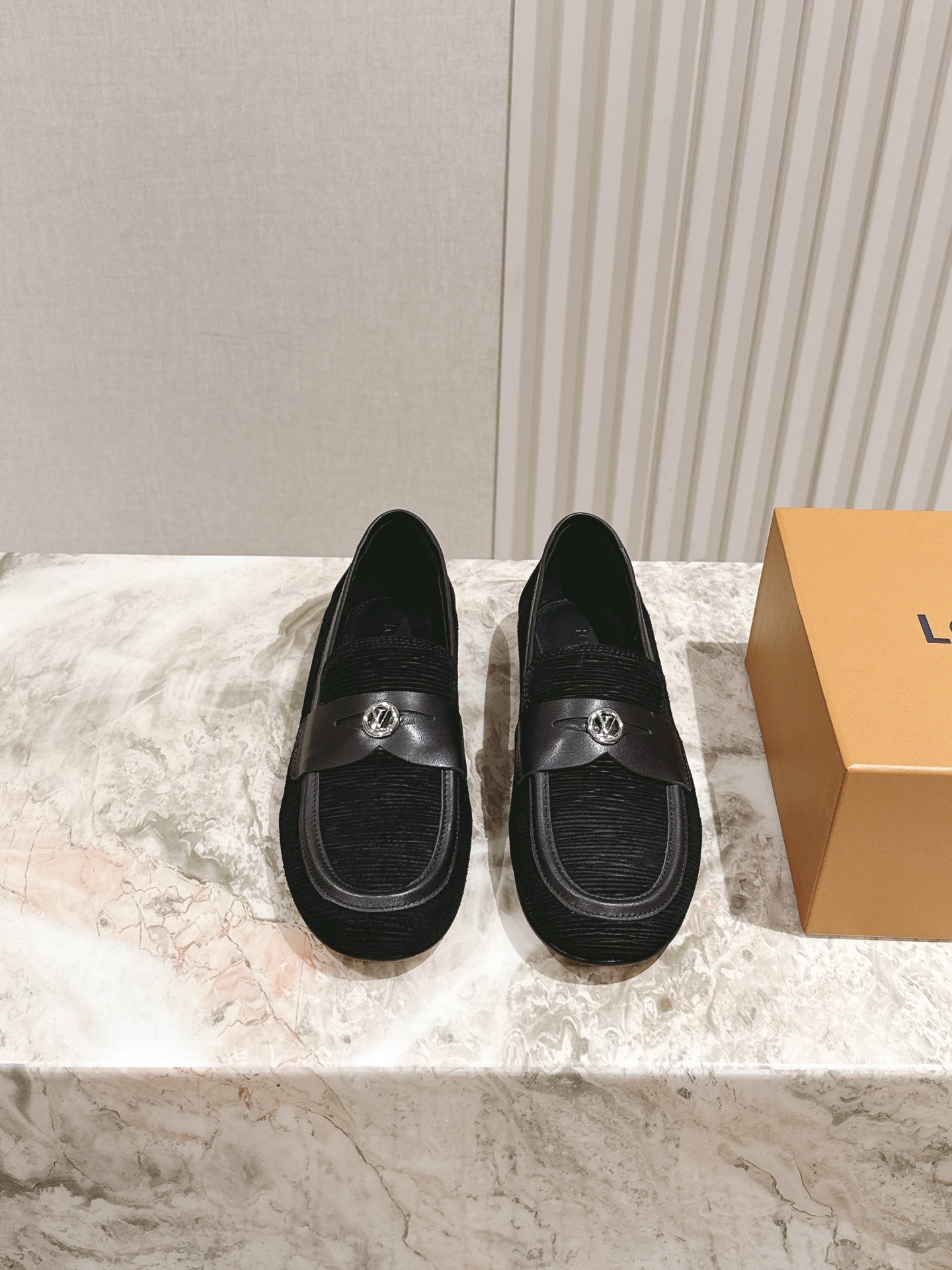 Louis Vuitton Men’s Black Textured Leather Loafers with LV Logo