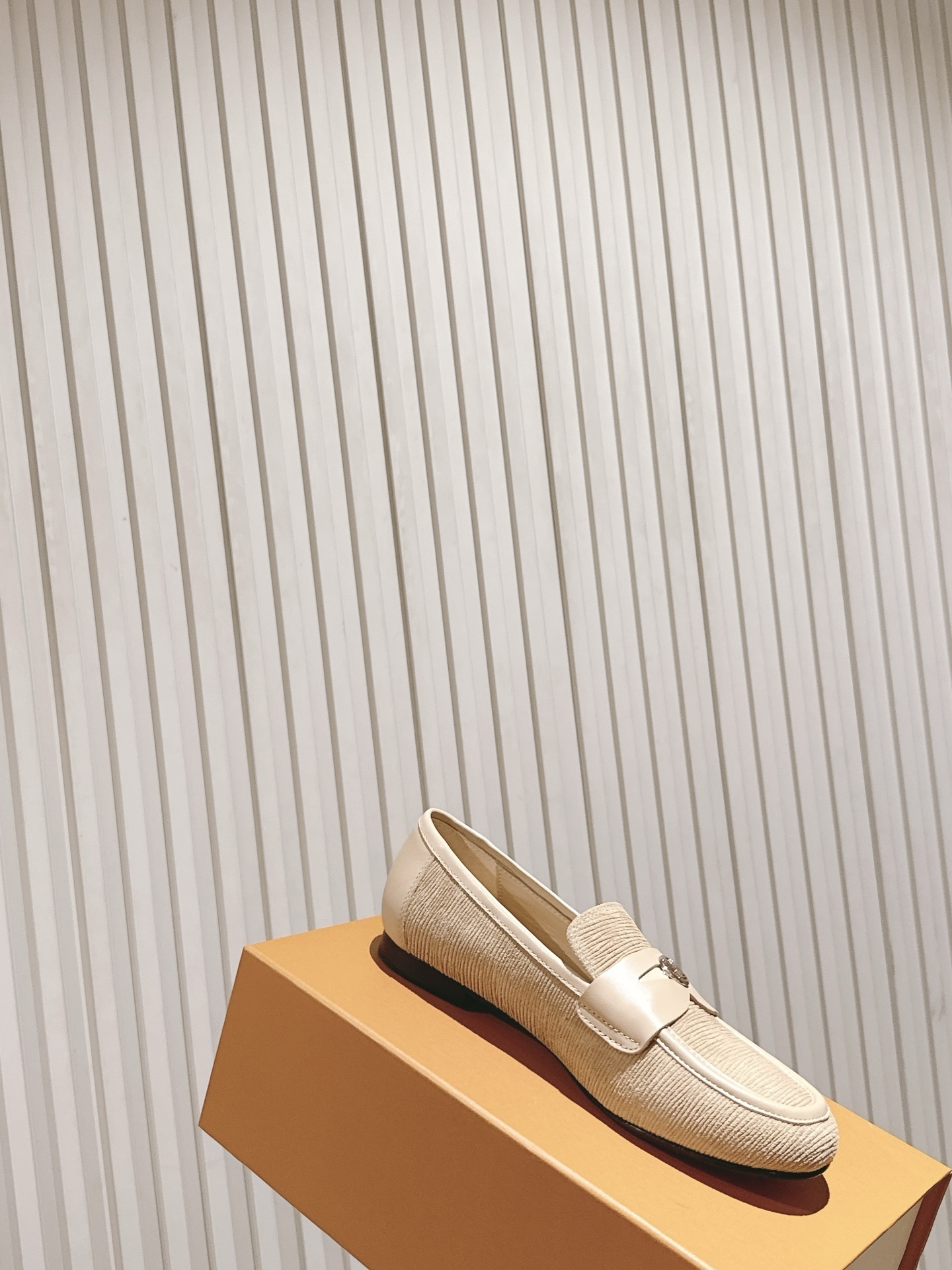 Louis Vuitton Women's Beige Corduroy Loafers with Gold LV Logo