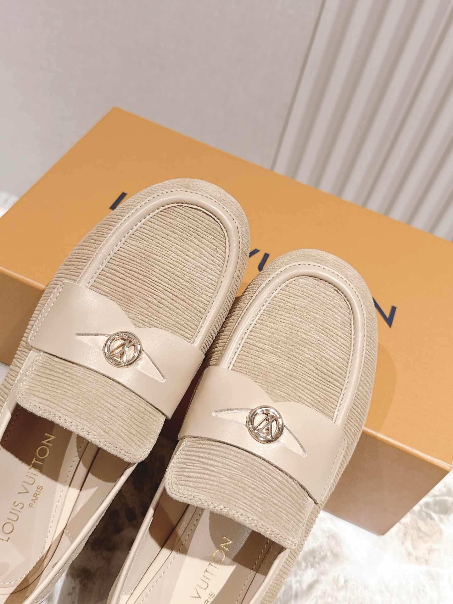 Louis Vuitton Women's Beige Corduroy Loafers with Gold LV Logo