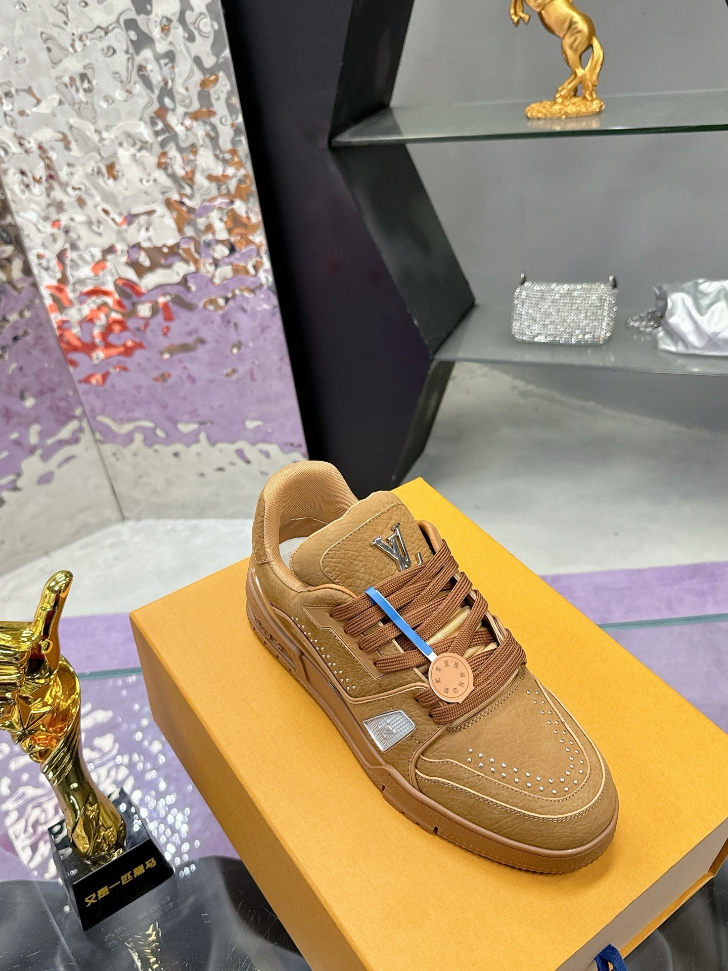 Louis Vuitton LV Trainer Sneaker Brown Suede Studded Luxury Shoes