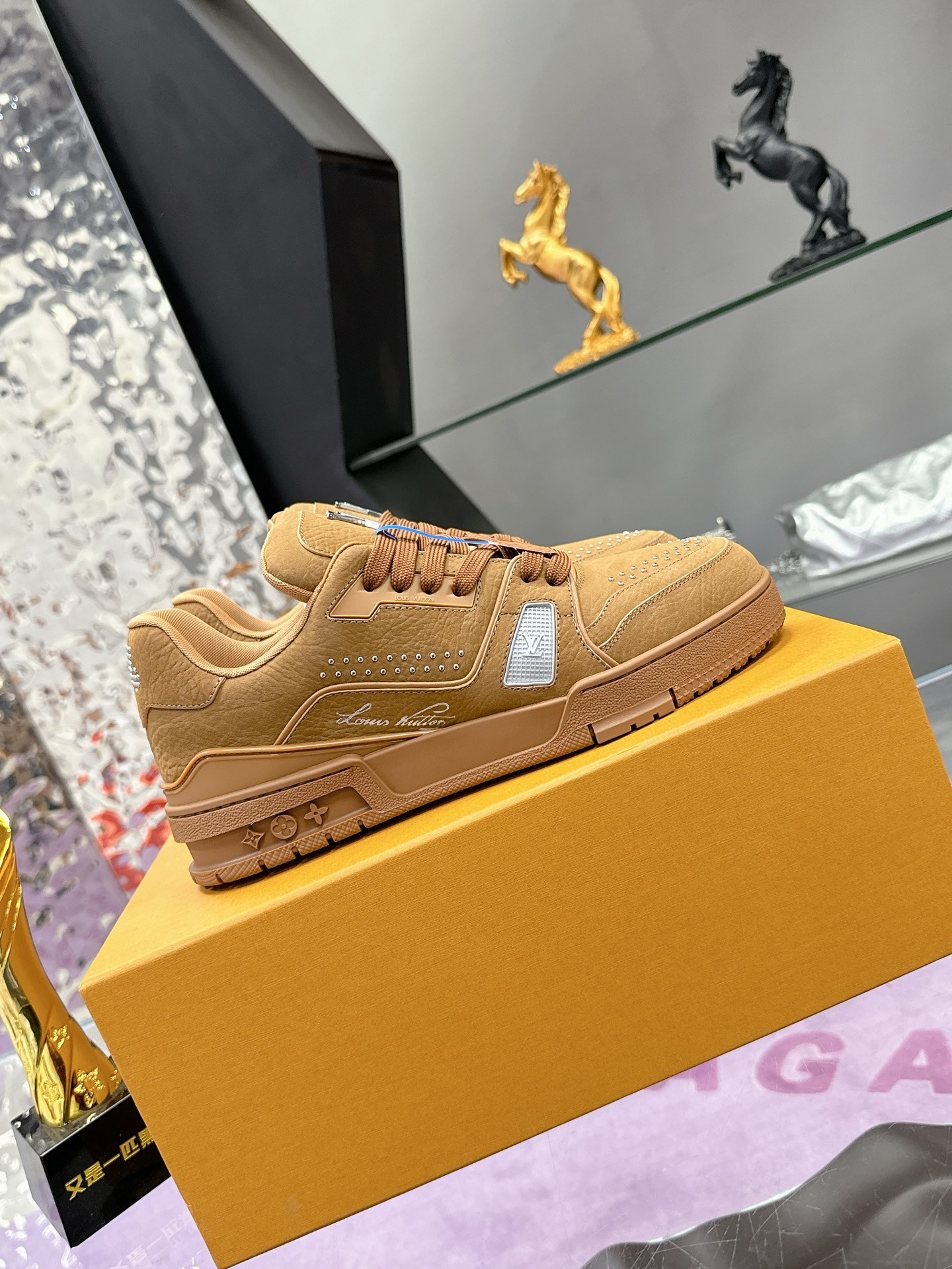 Louis Vuitton LV Trainer Sneaker Brown Suede Studded Luxury Shoes