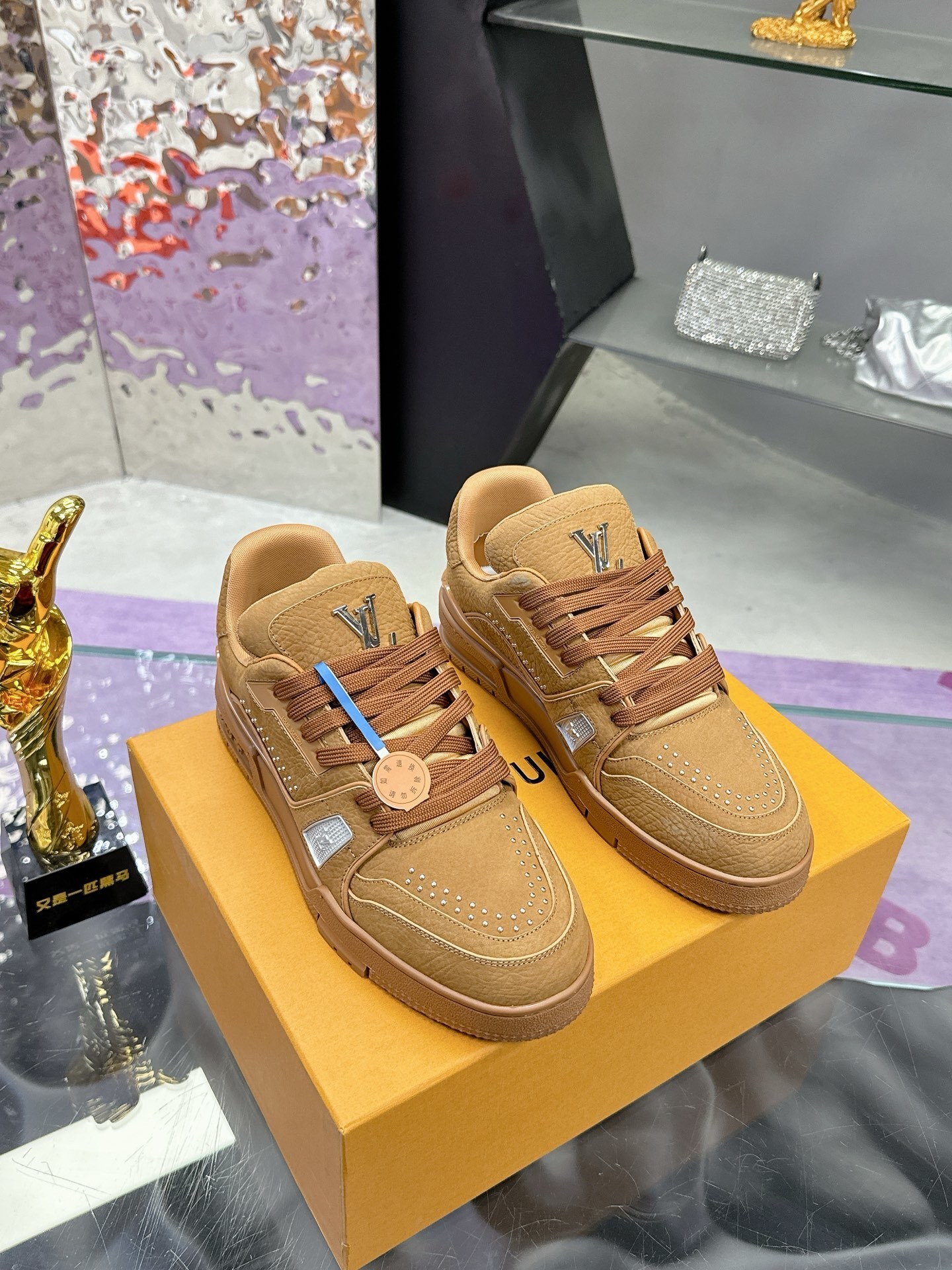 Louis Vuitton LV Trainer Sneaker Brown Suede Studded Luxury Shoes