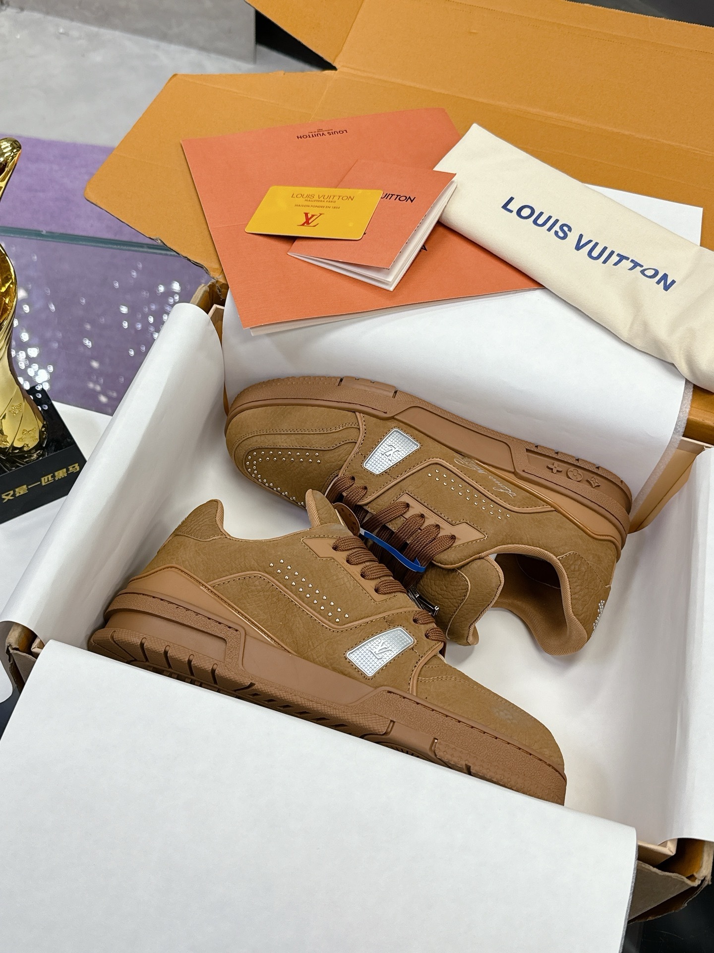 Louis Vuitton LV Trainer Sneaker Brown Suede Studded Luxury Shoes