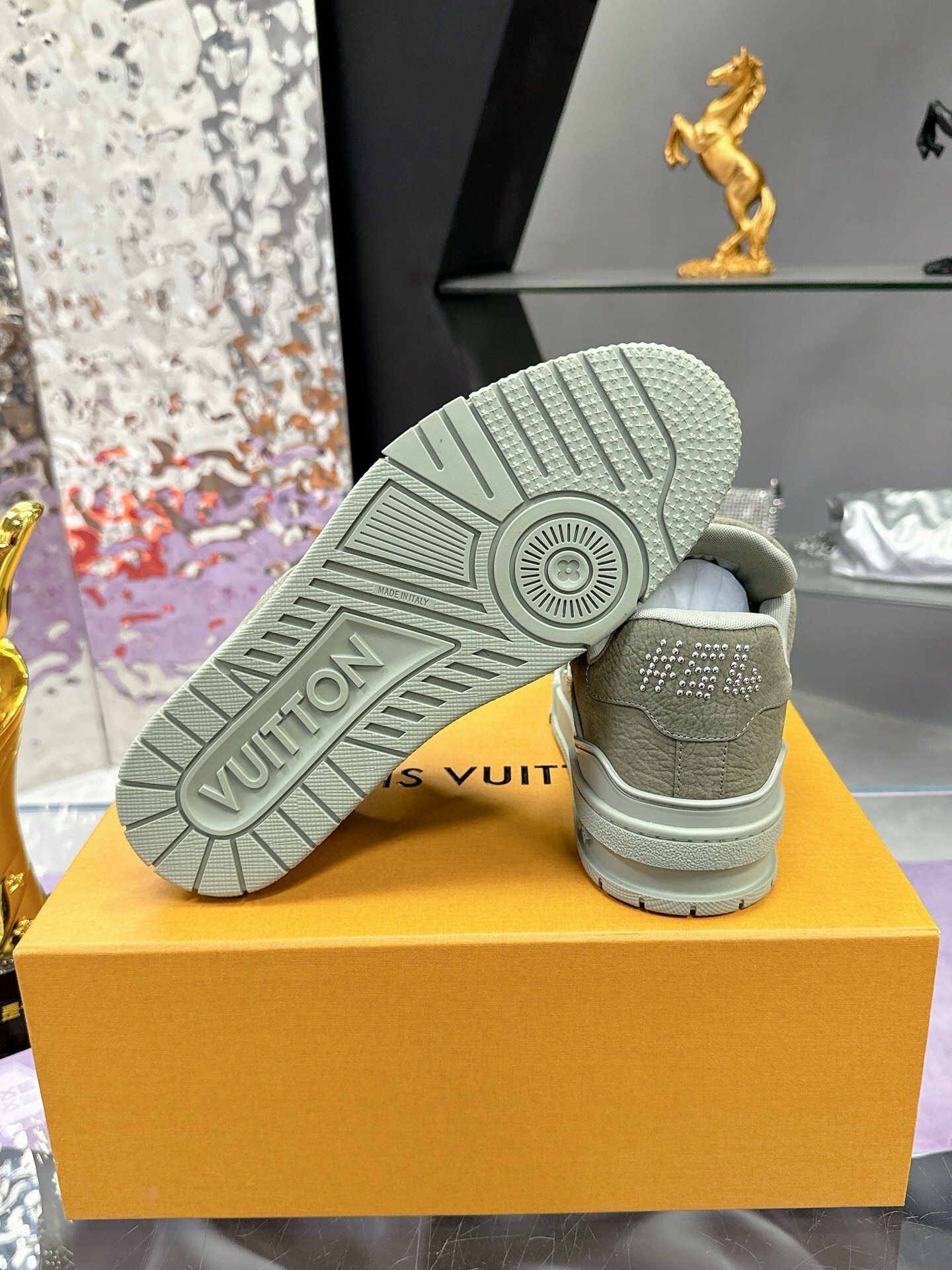 Louis Vuitton LV Trainer Sneaker - Green Studded Leather Luxury Shoes