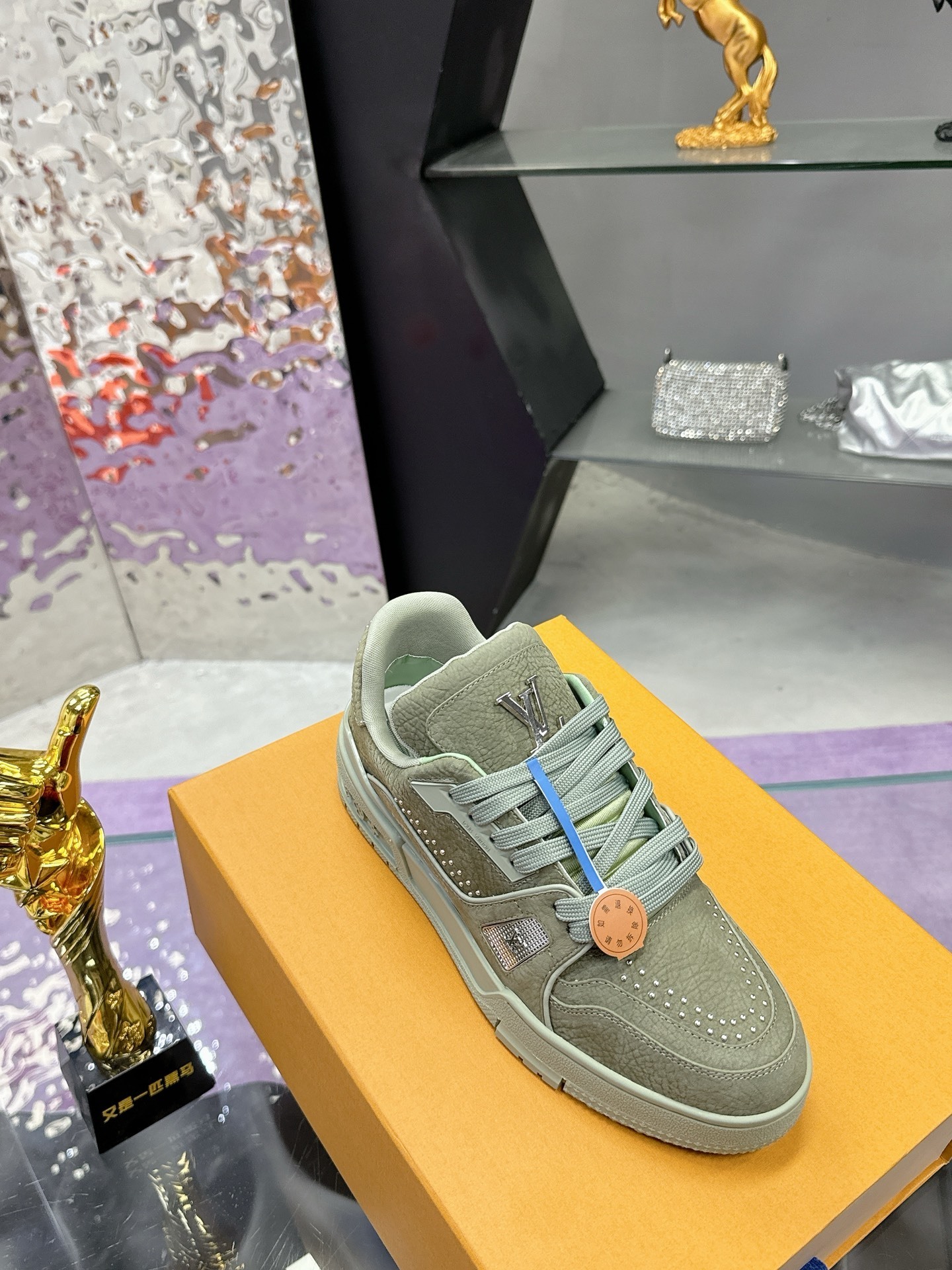 Louis Vuitton LV Trainer Sneaker - Green Studded Leather Luxury Shoes