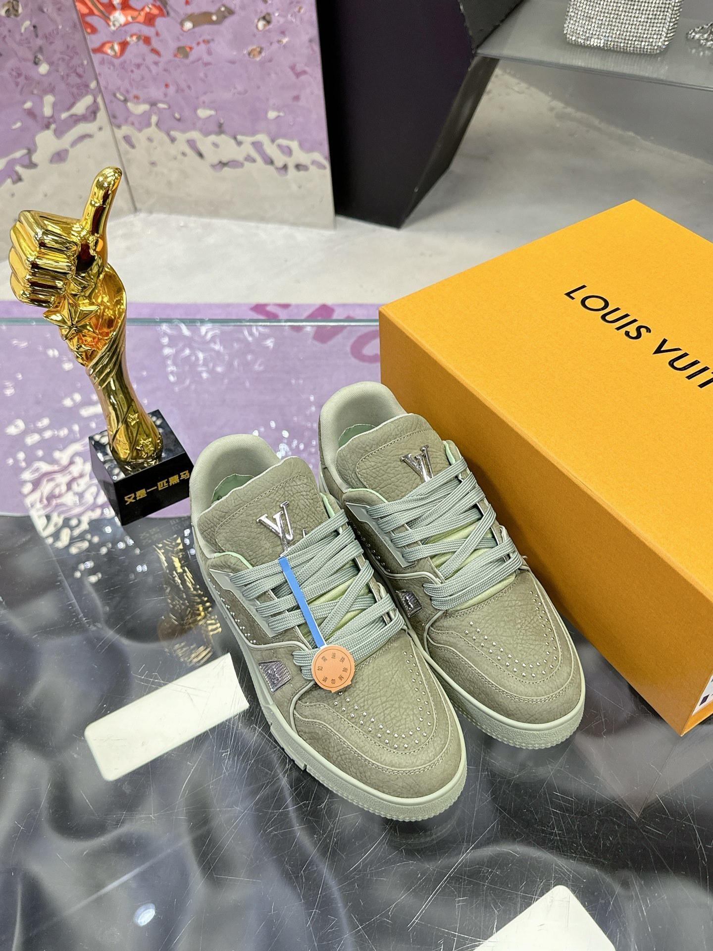 Louis Vuitton LV Trainer Sneaker - Green Studded Leather Luxury Shoes