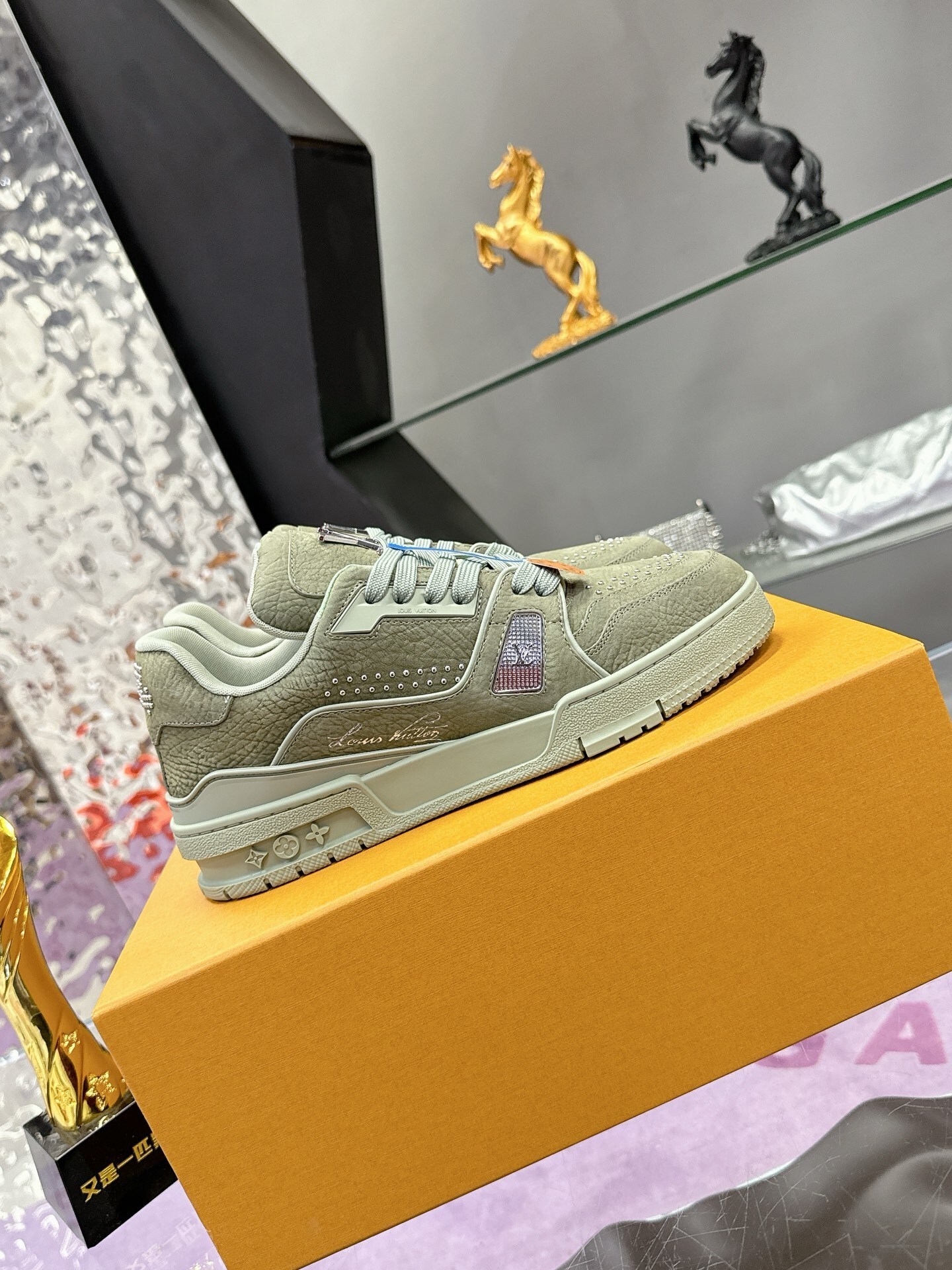 Louis Vuitton LV Trainer Sneaker - Green Studded Leather Luxury Shoes