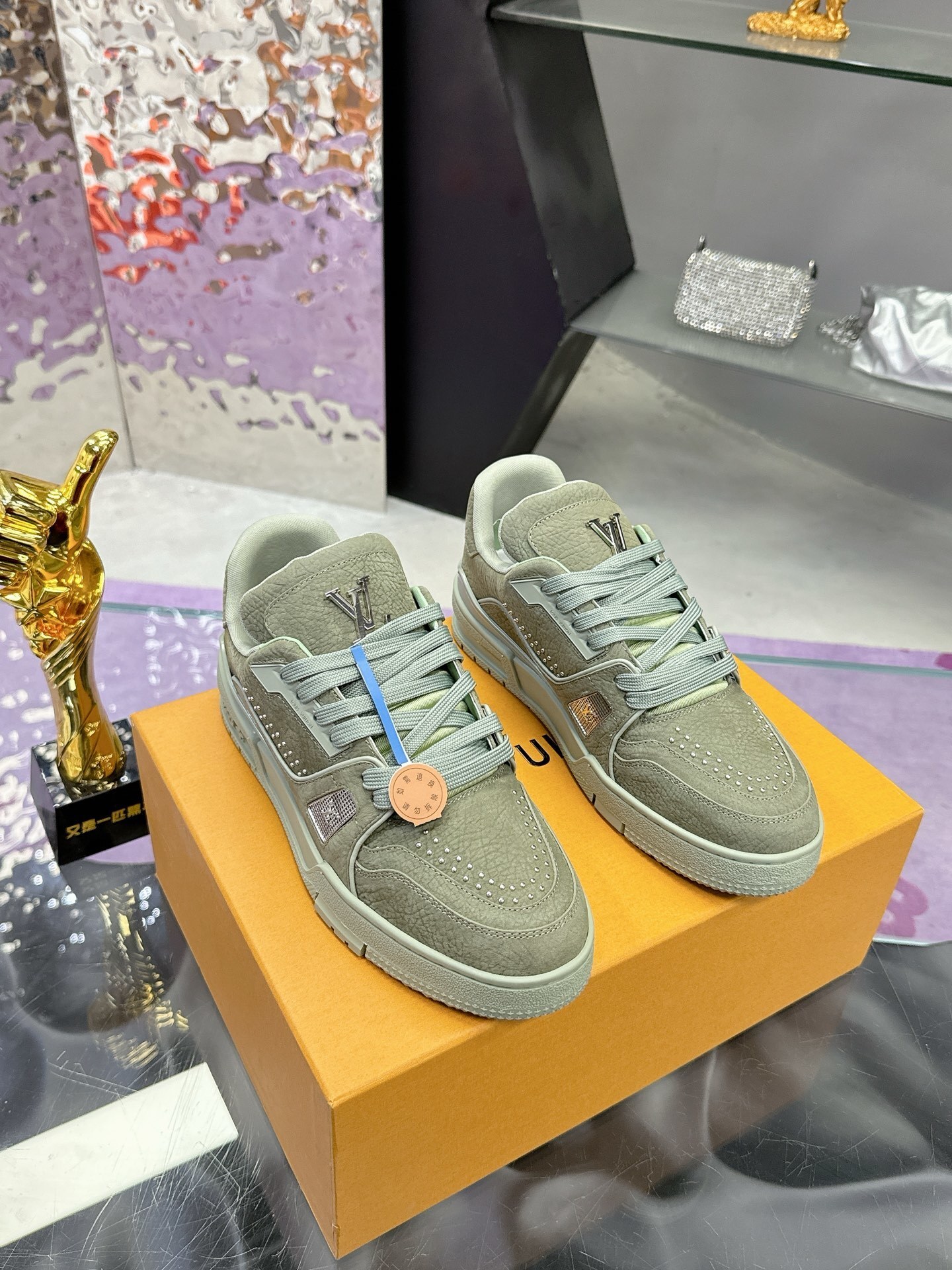 Louis Vuitton LV Trainer Sneaker - Green Studded Leather Luxury Shoes