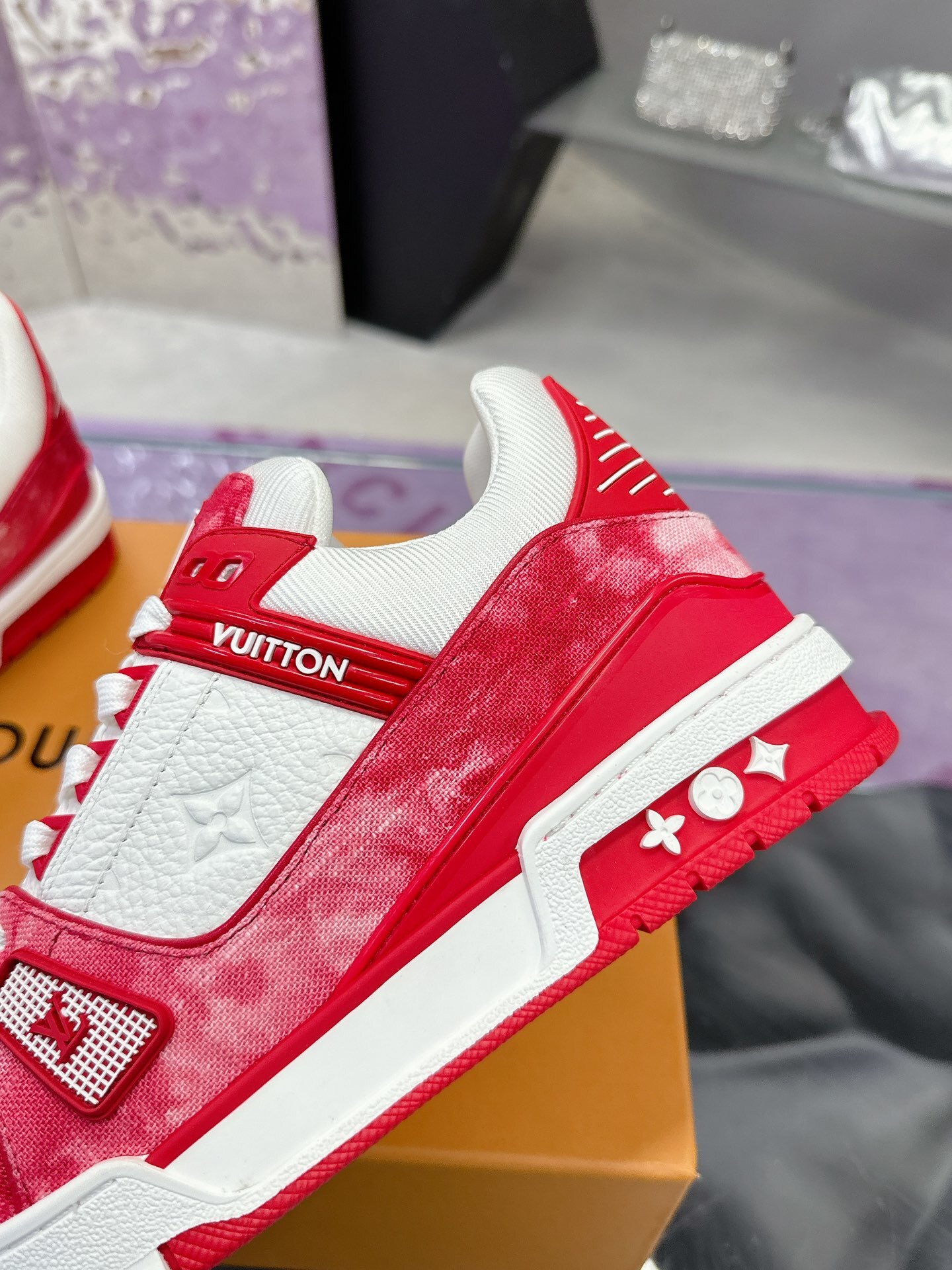 Louis Vuitton LV Trainer Sneakers - Red & White Washed Denim Style