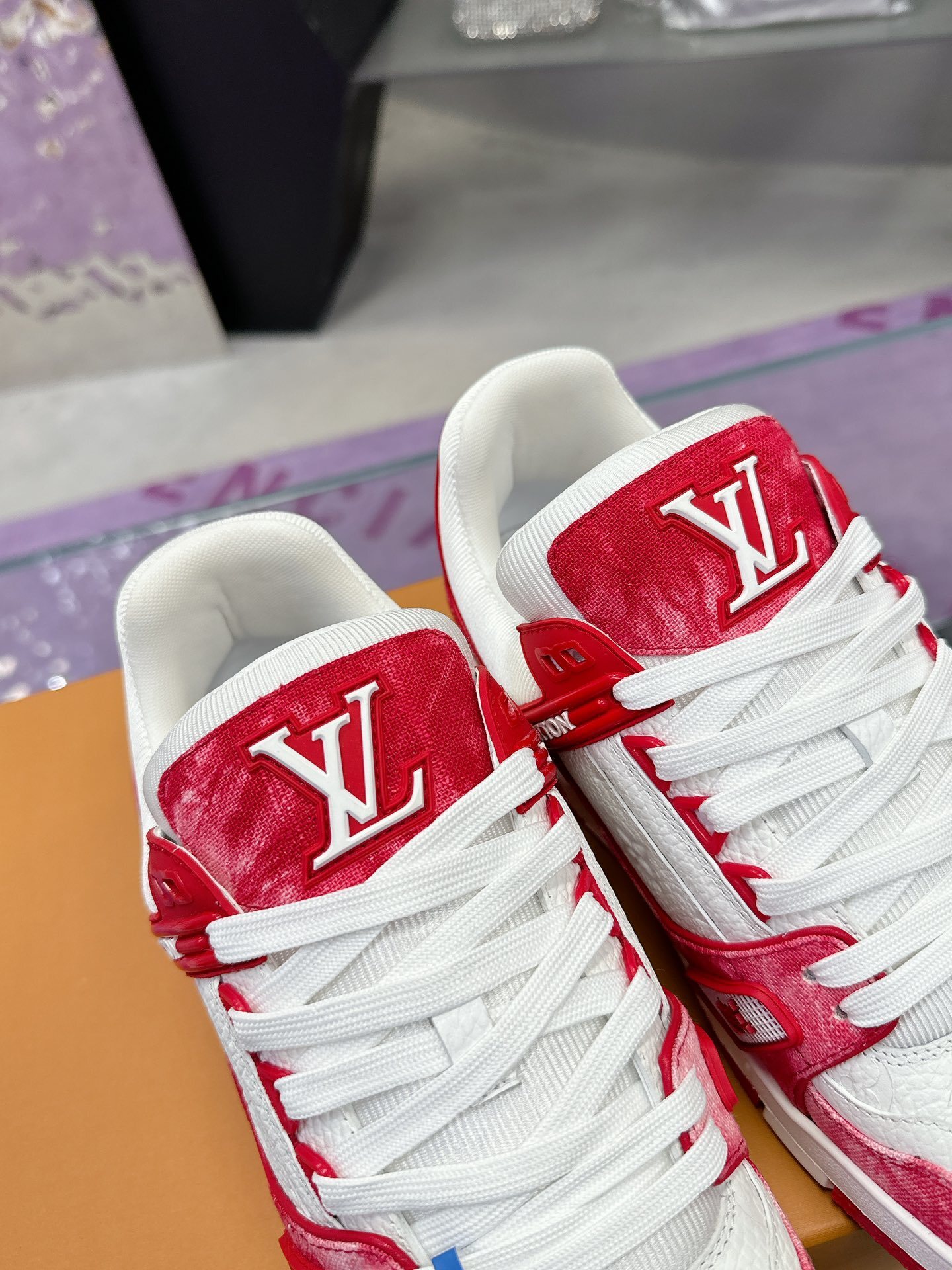Louis Vuitton LV Trainer Sneakers - Red & White Washed Denim Style