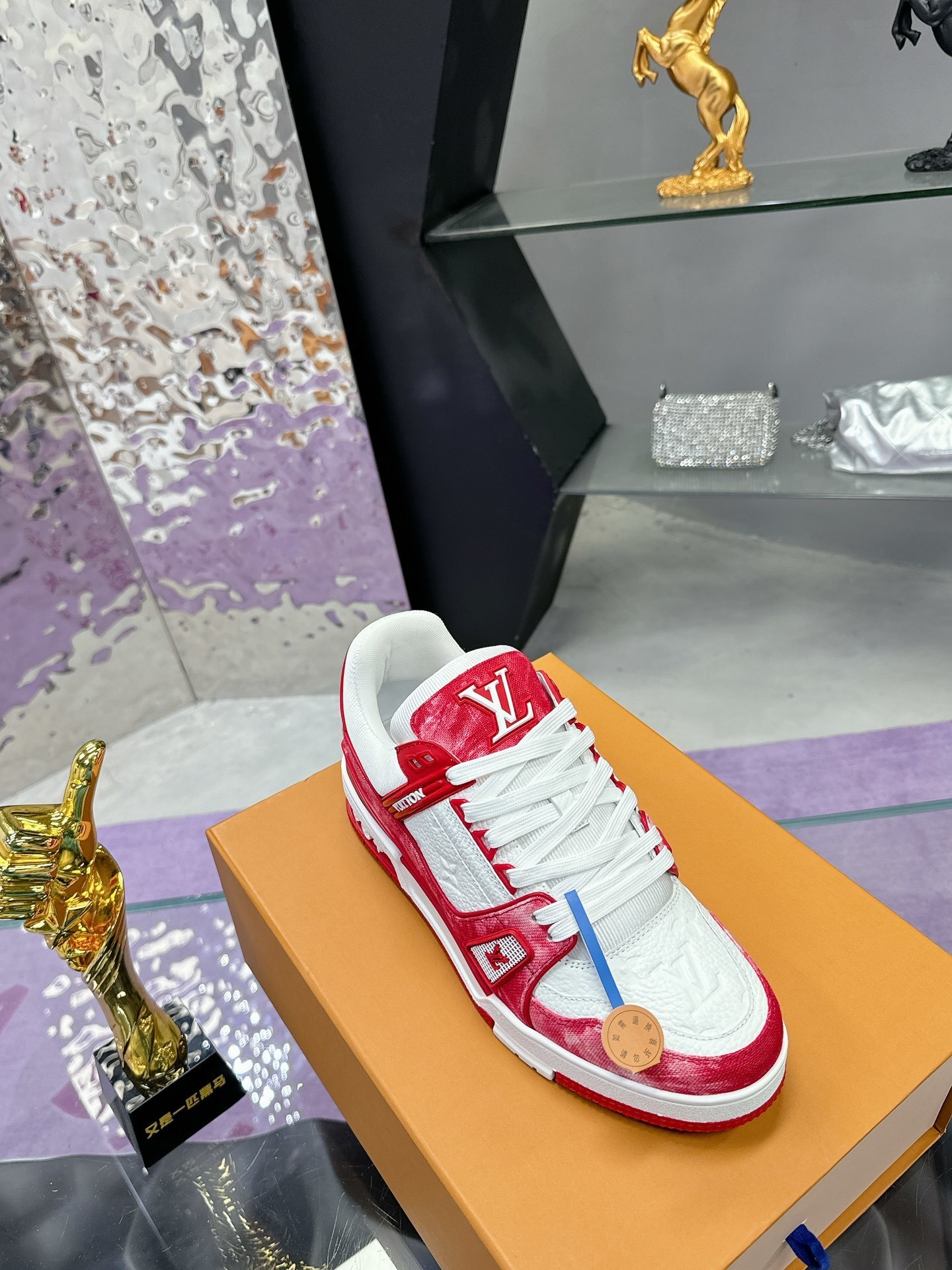 Louis Vuitton LV Trainer Sneakers - Red & White Washed Denim Style