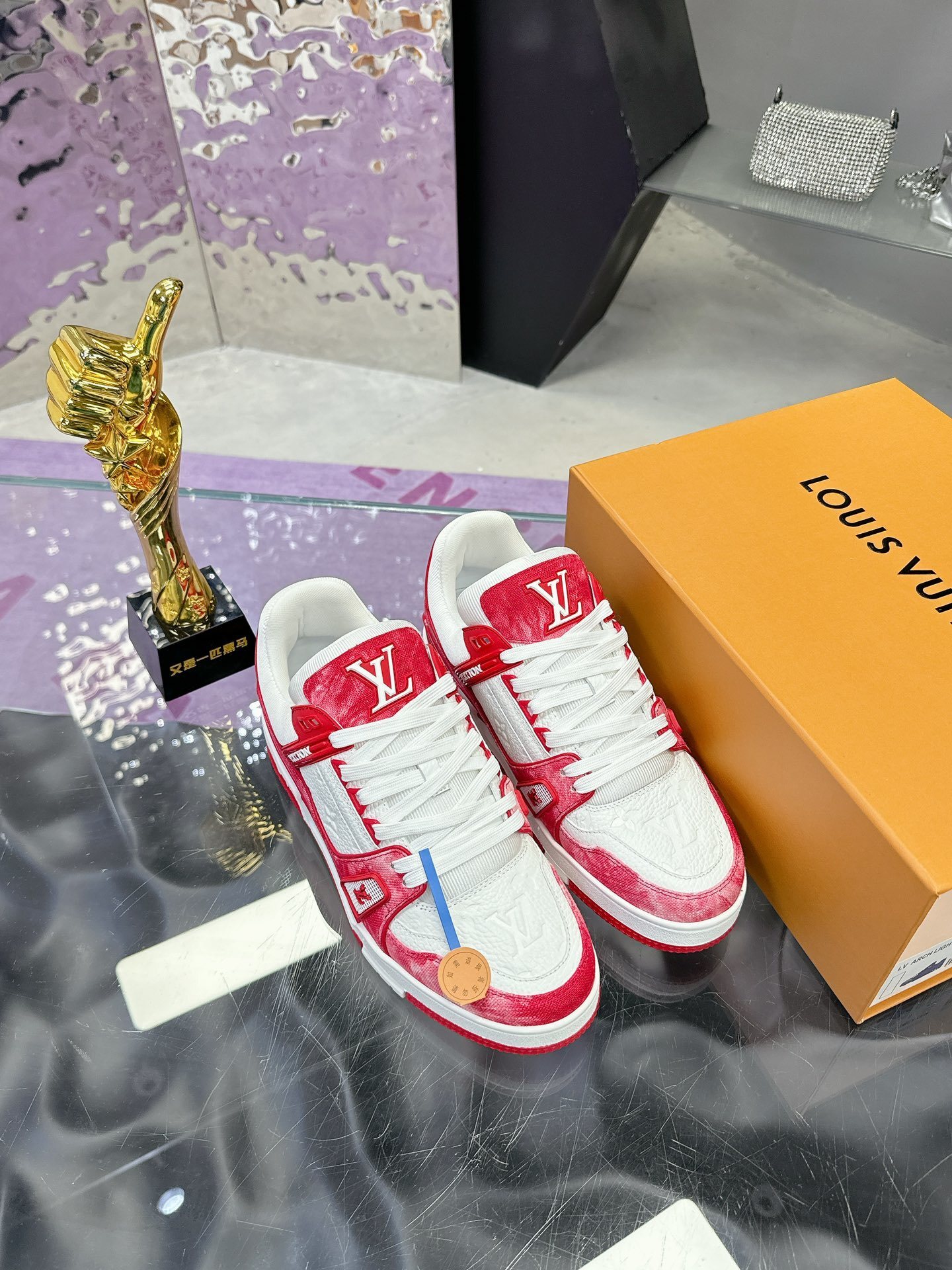 Louis Vuitton LV Trainer Sneakers - Red & White Washed Denim Style
