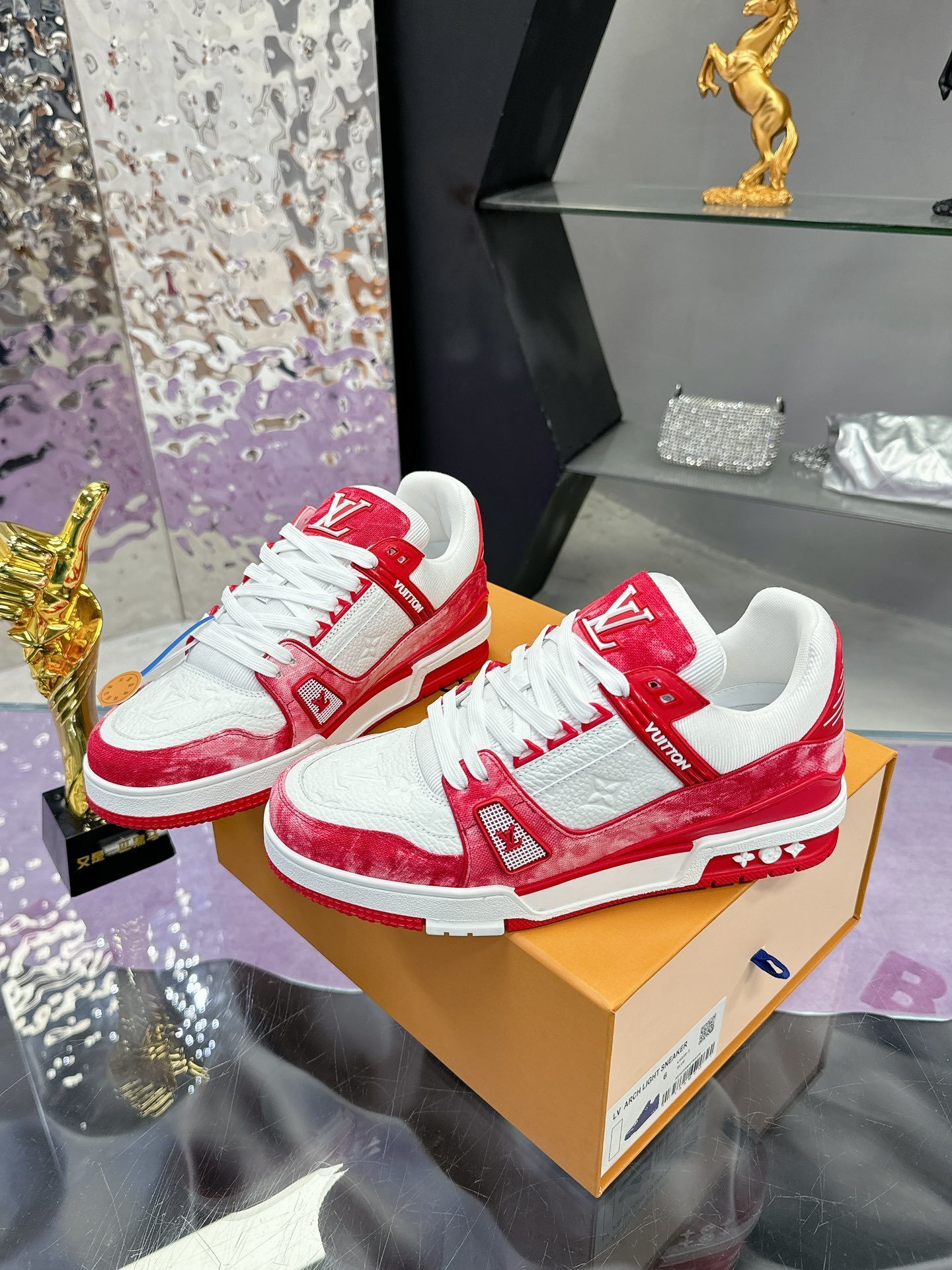 Louis Vuitton LV Trainer Sneakers - Red & White Washed Denim Style