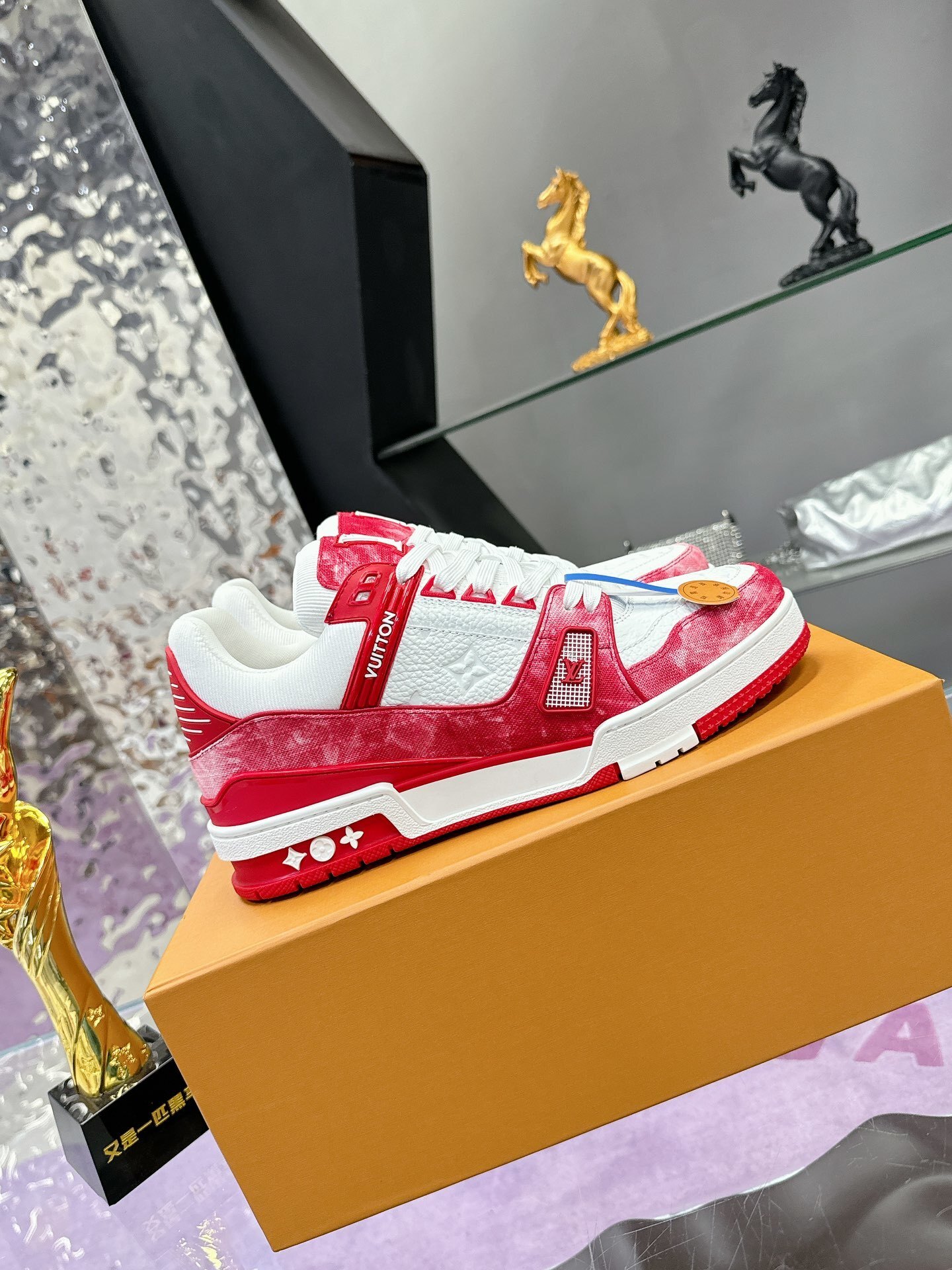 Louis Vuitton LV Trainer Sneakers - Red & White Washed Denim Style