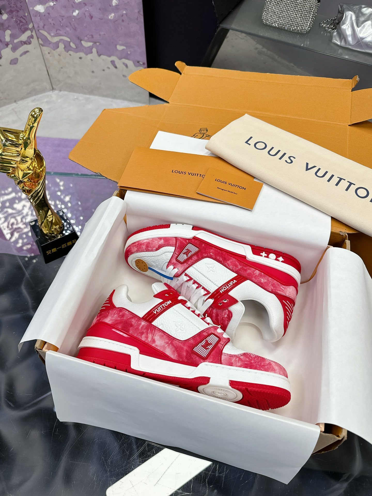 Louis Vuitton LV Trainer Sneakers – Red & White Washed Denim Style