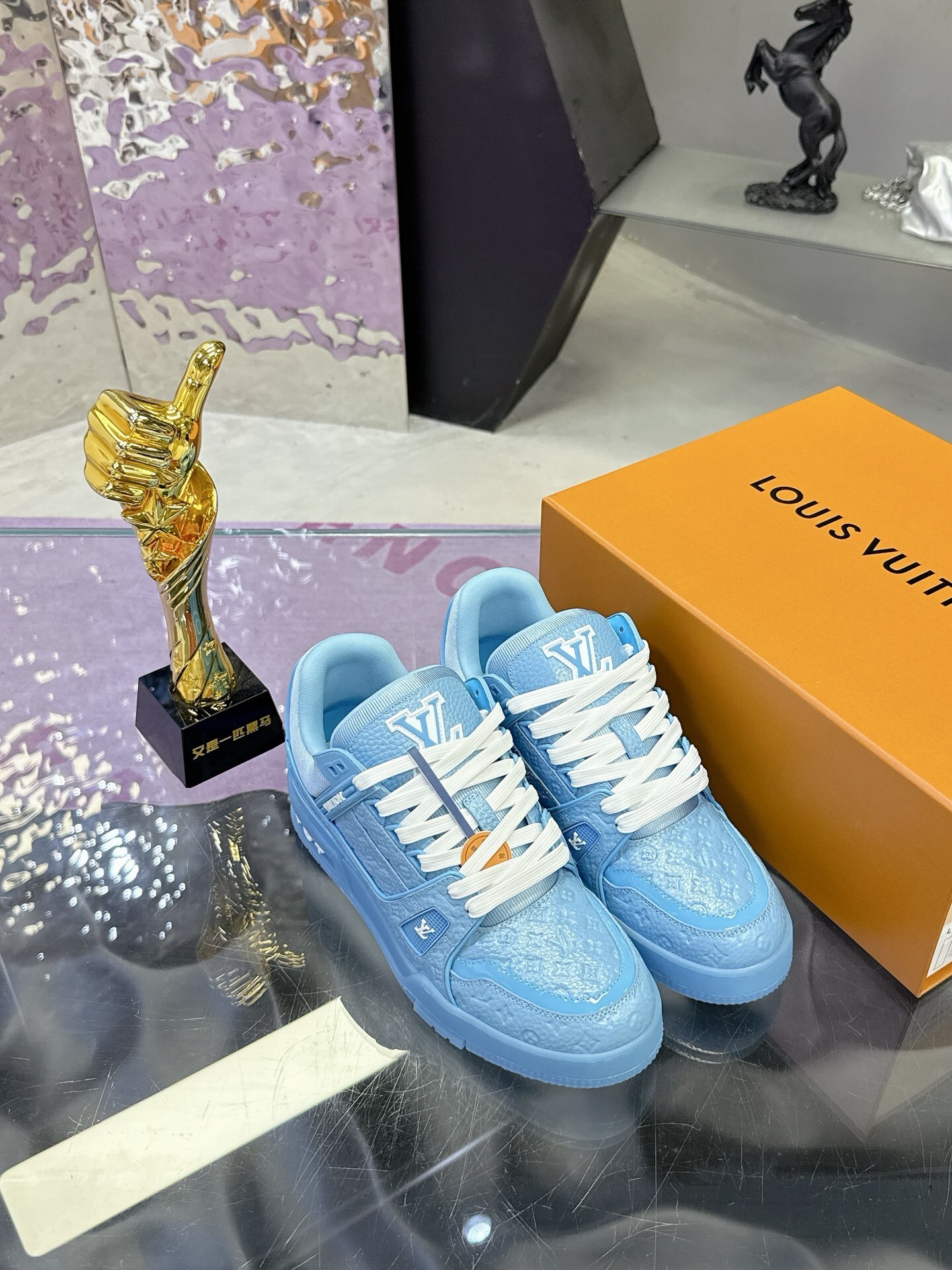 Louis Vuitton LV Trainer Blue Monogram Embossed Sneakers