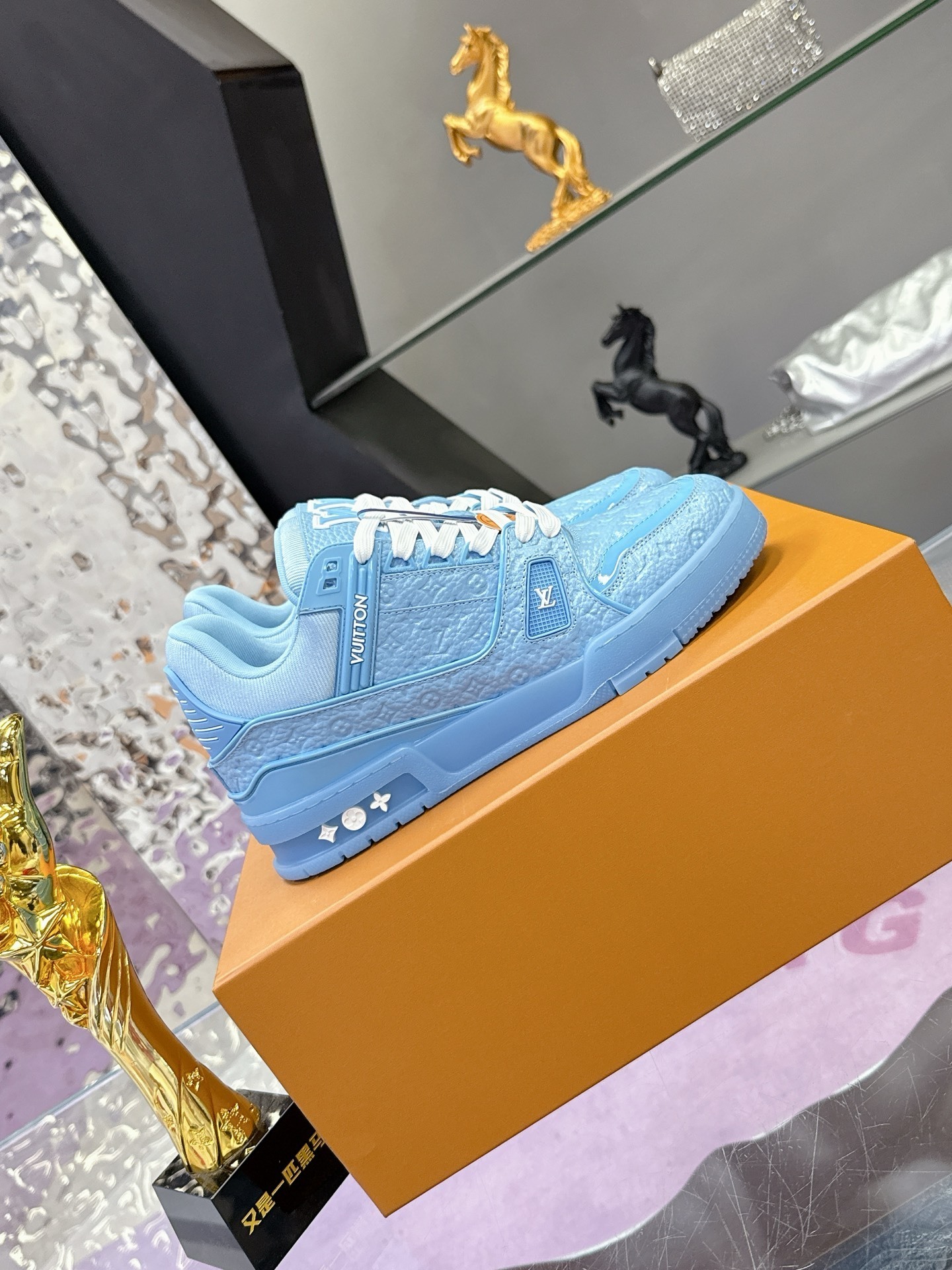 Louis Vuitton LV Trainer Blue Monogram Embossed Sneakers