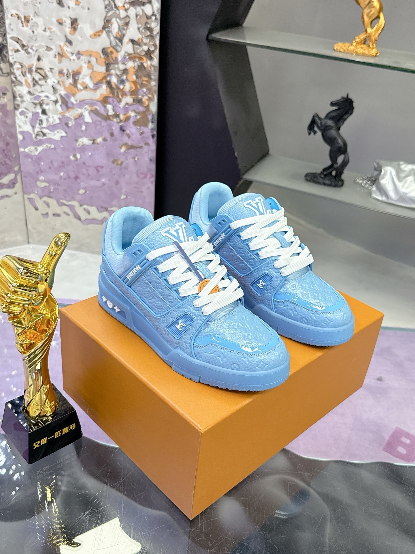 Louis Vuitton LV Trainer Blue Monogram Embossed Sneakers