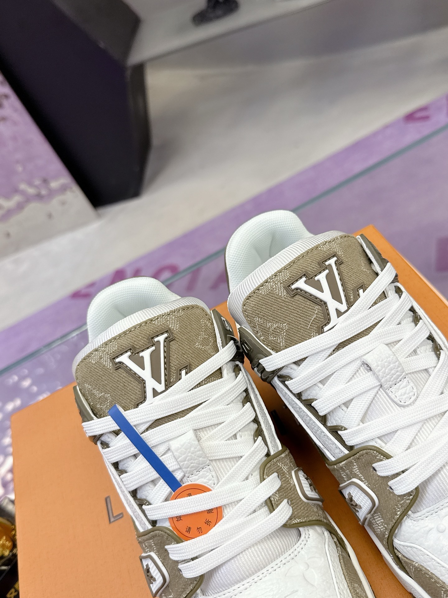 Louis Vuitton LV Trainer Sneaker White Khaki Monogram Leather