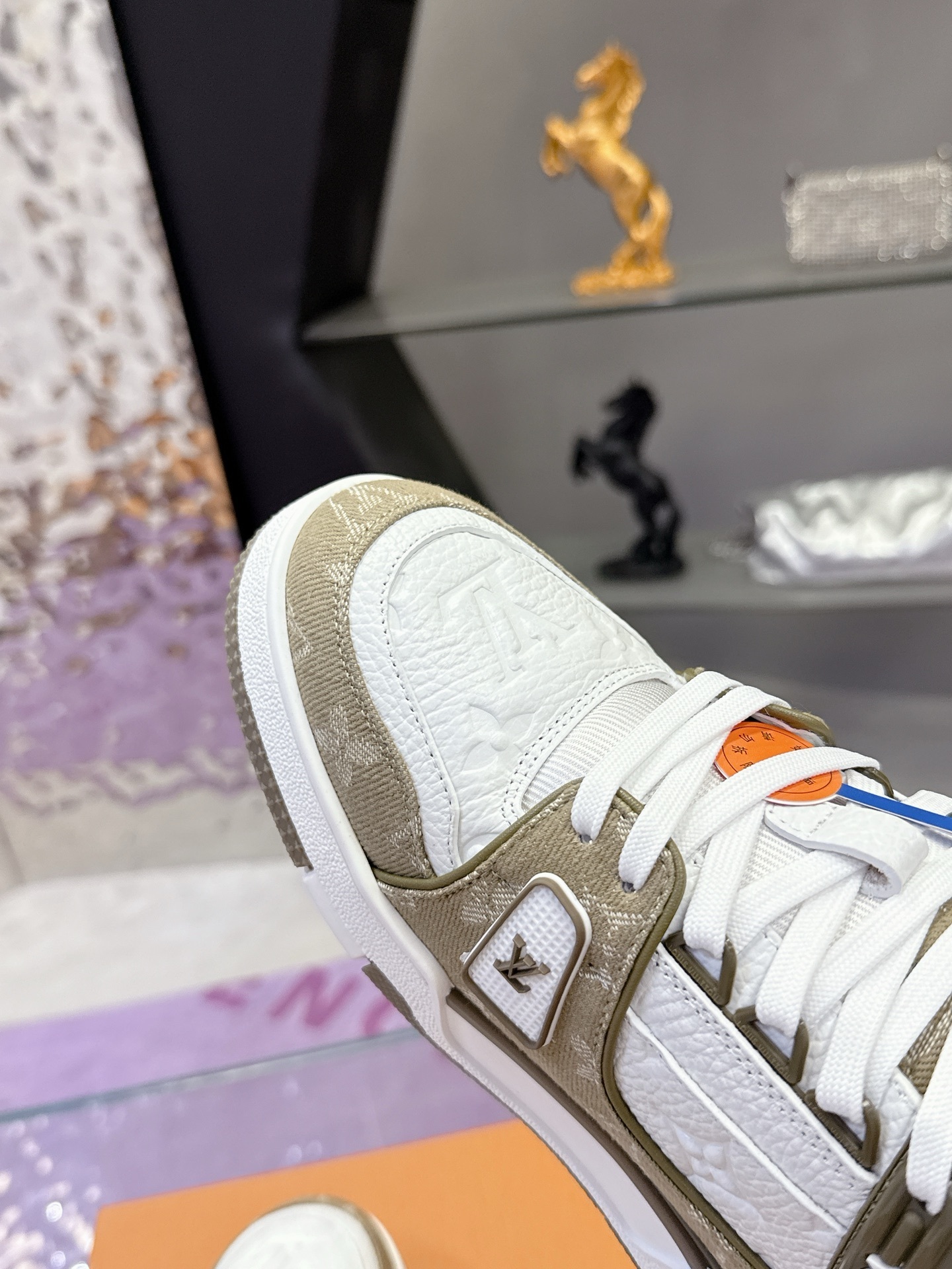 Louis Vuitton LV Trainer Sneaker White Khaki Monogram Leather