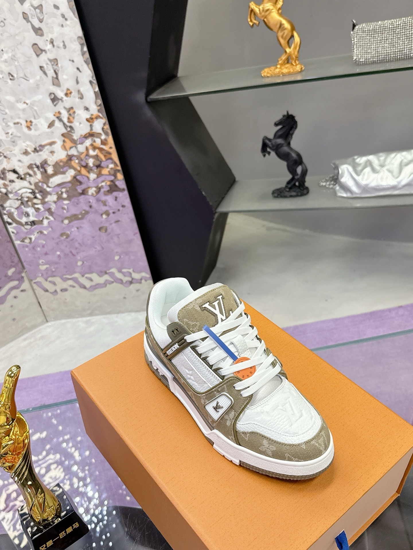 Louis Vuitton LV Trainer Sneaker White Khaki Monogram Leather