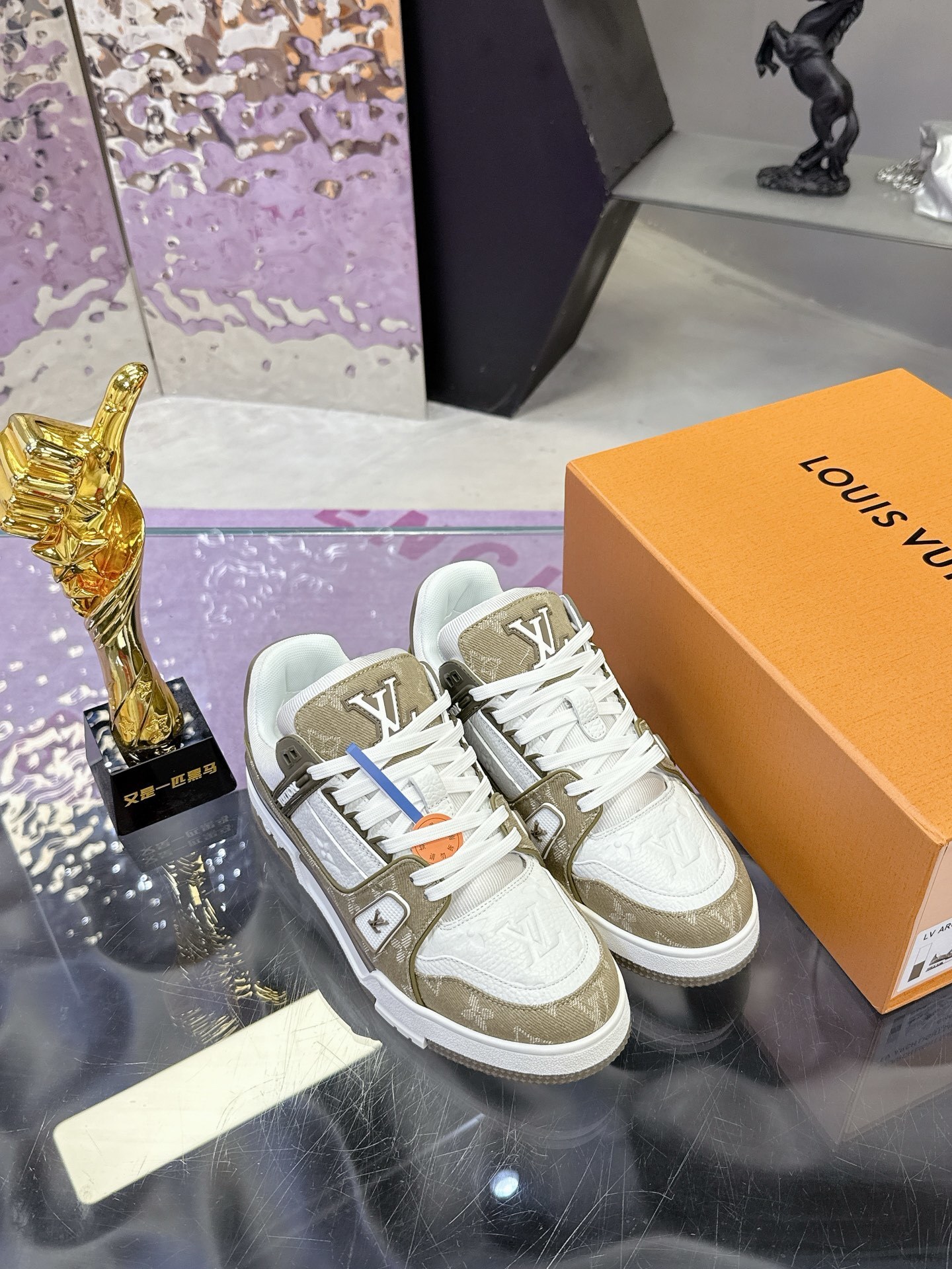 Louis Vuitton LV Trainer Sneaker White Khaki Monogram Leather