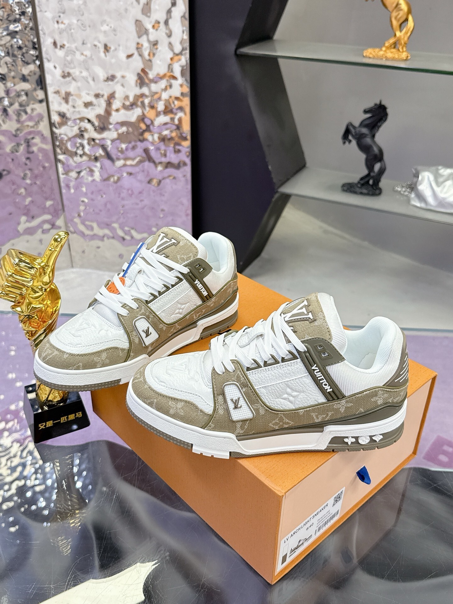 Louis Vuitton LV Trainer Sneaker White Khaki Monogram Leather