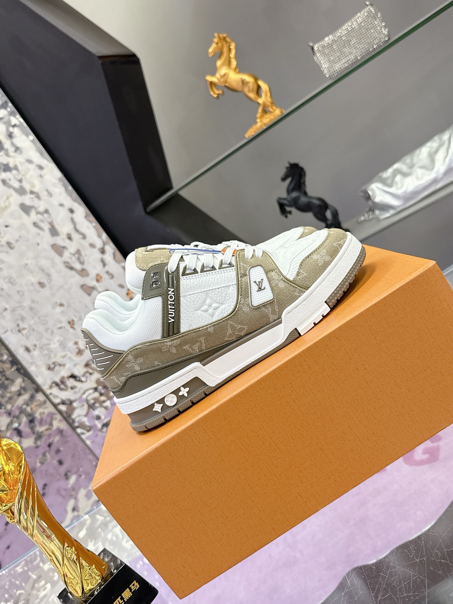 Louis Vuitton LV Trainer Sneaker White Khaki Monogram Leather