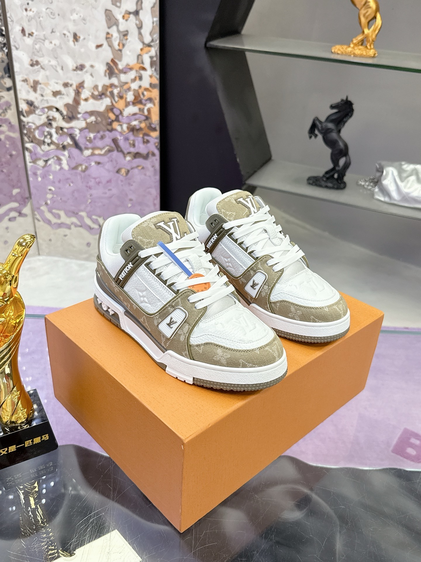 Louis Vuitton LV Trainer Sneaker White Khaki Monogram Leather