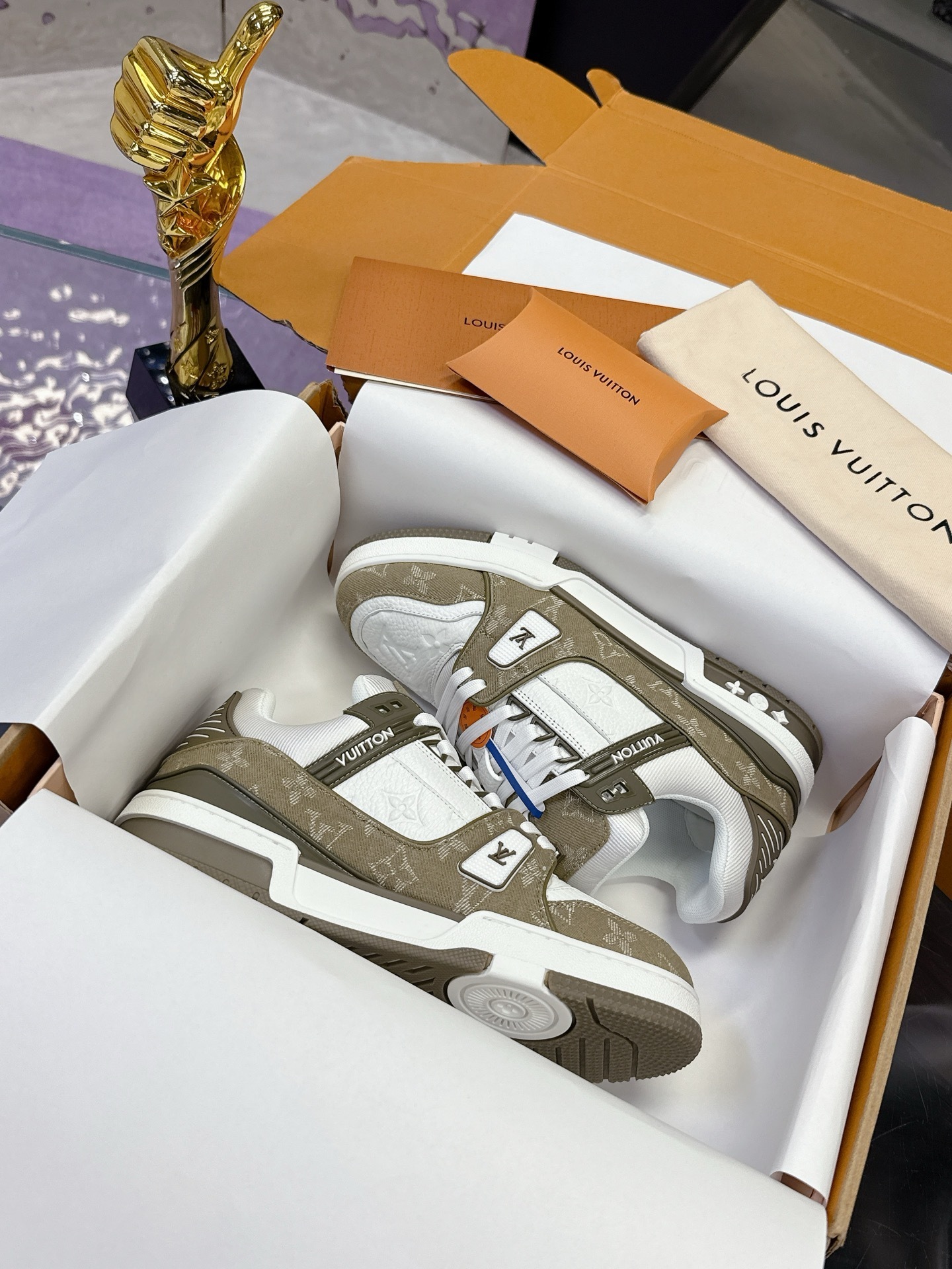 Louis Vuitton LV Trainer Sneaker White Khaki Monogram Leather