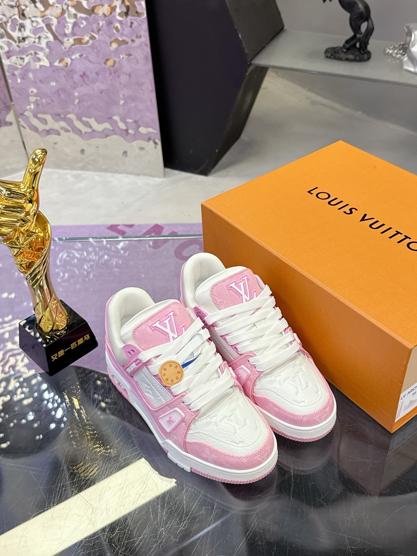 Louis Vuitton LV Trainer Sneakers Pink White Monogram Denim